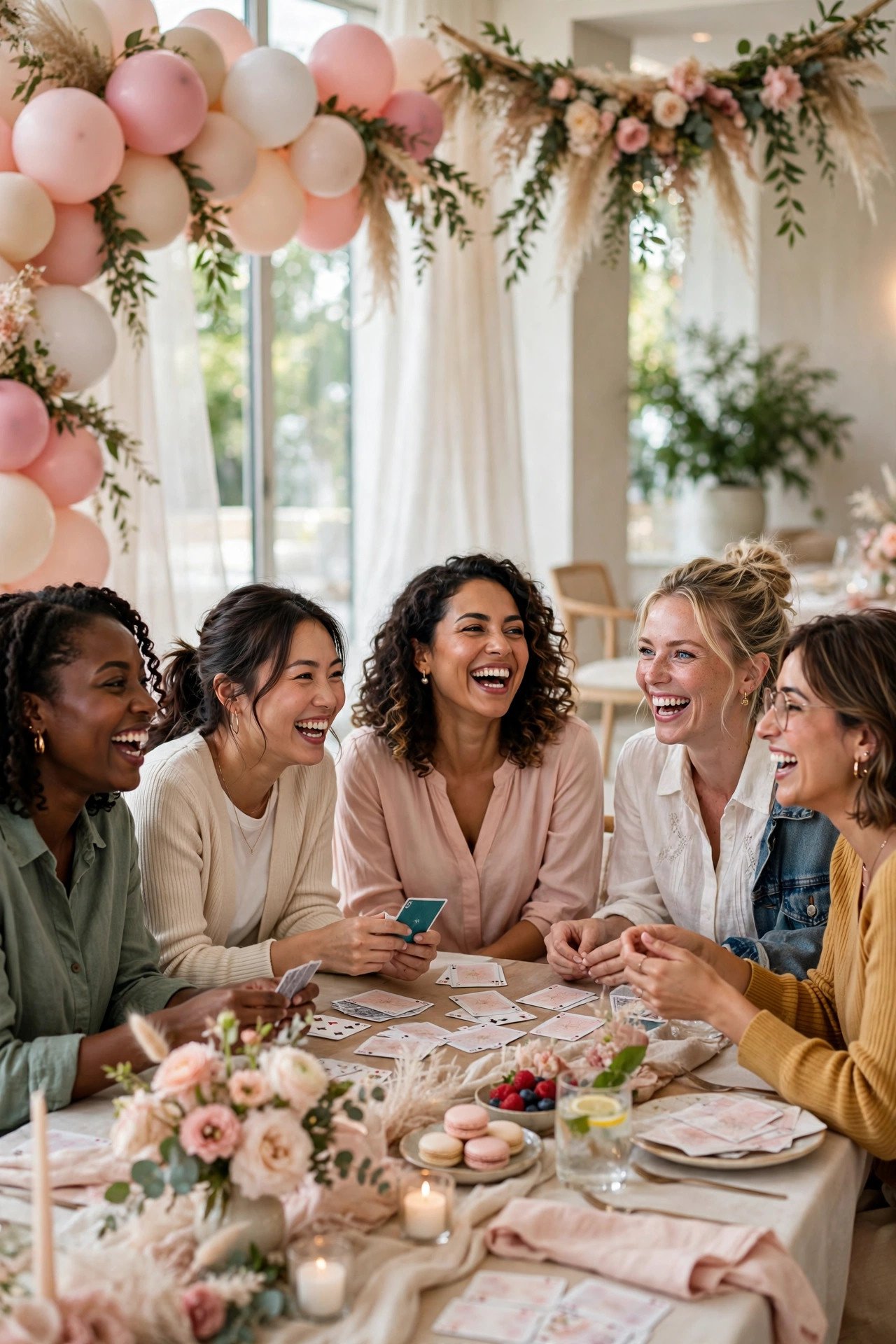 Joyful group of women laughing together playing fun bridal shower games