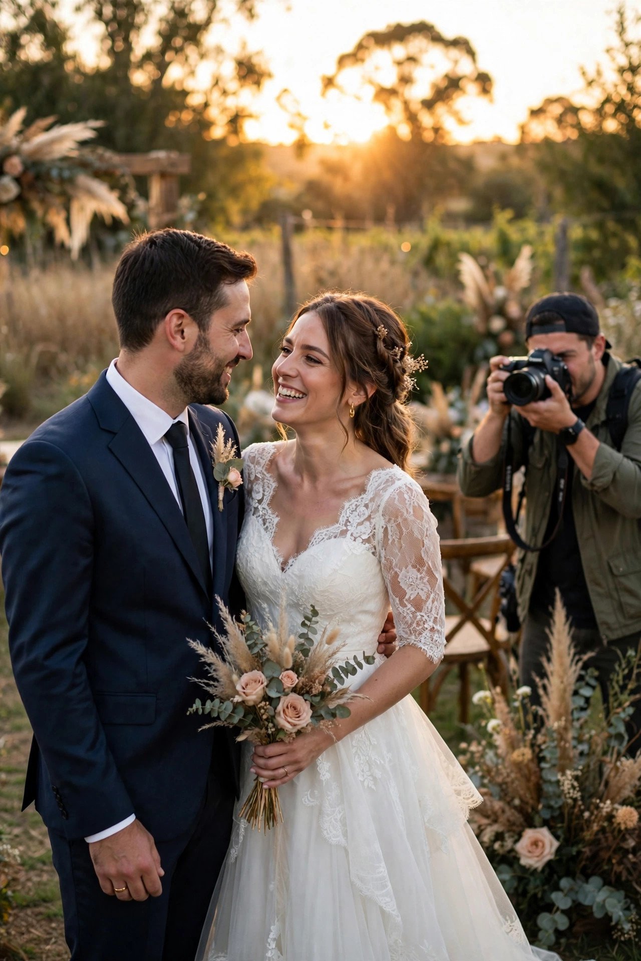 Bride and groom taking quick golden hour portraits at their wedding