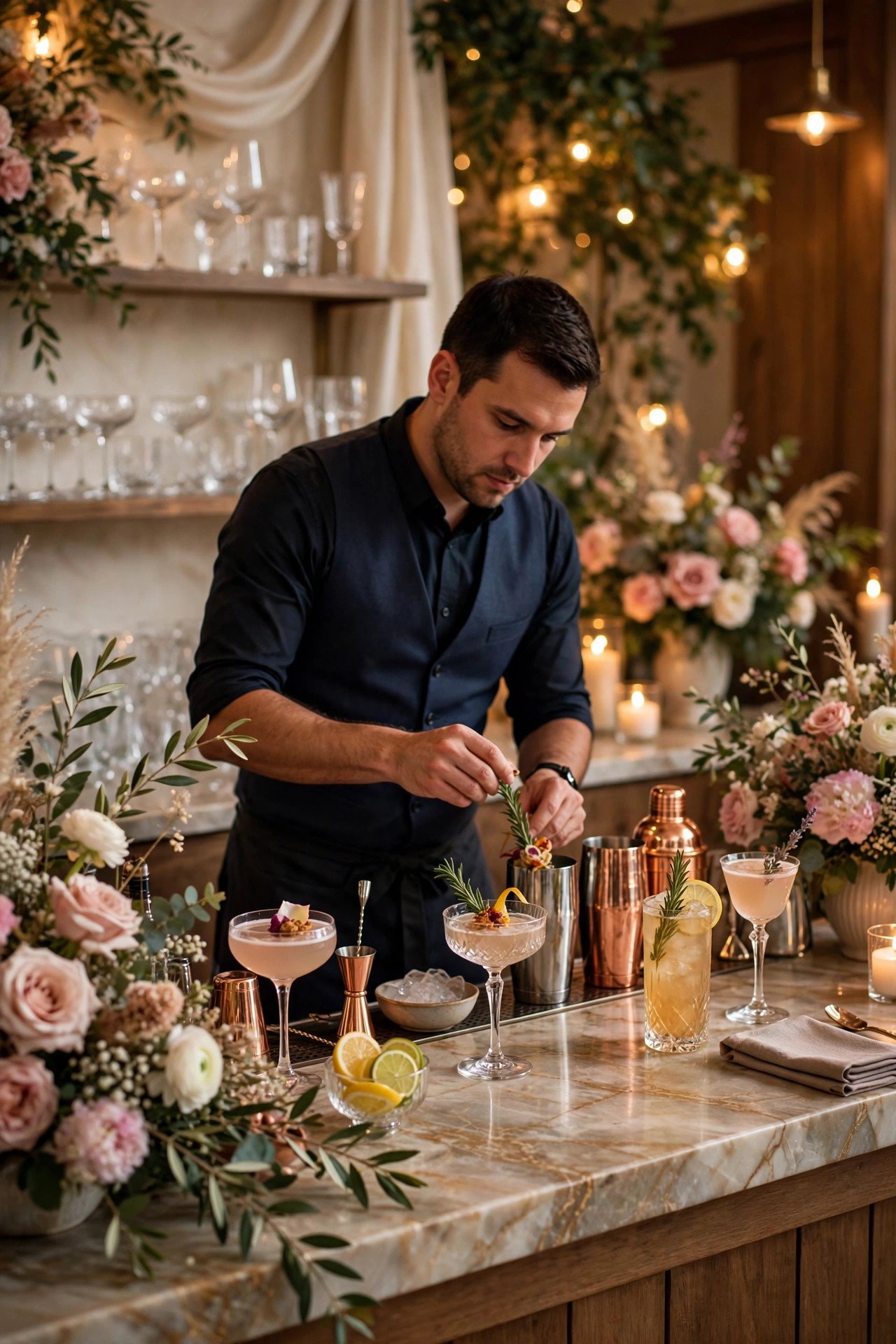 Elegant wedding bar with signature cocktails and a professional bartender