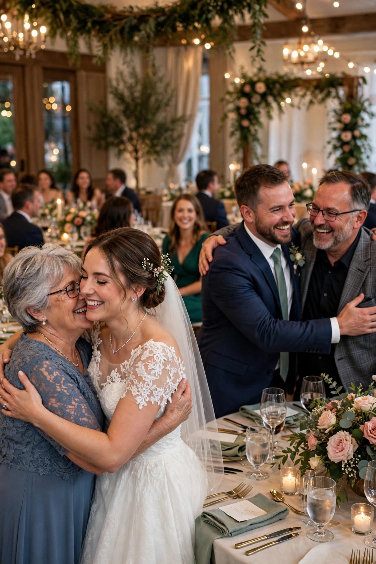Bride and groom warmly greeting wedding guests at their reception tables