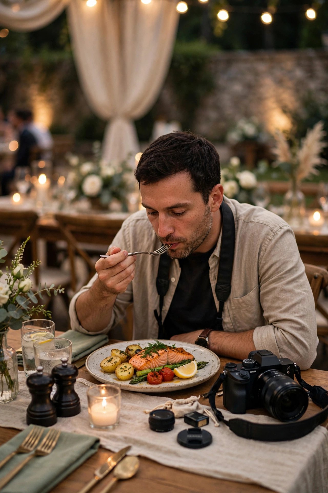 Wedding photographer and team taking a meal break at an elegant reception