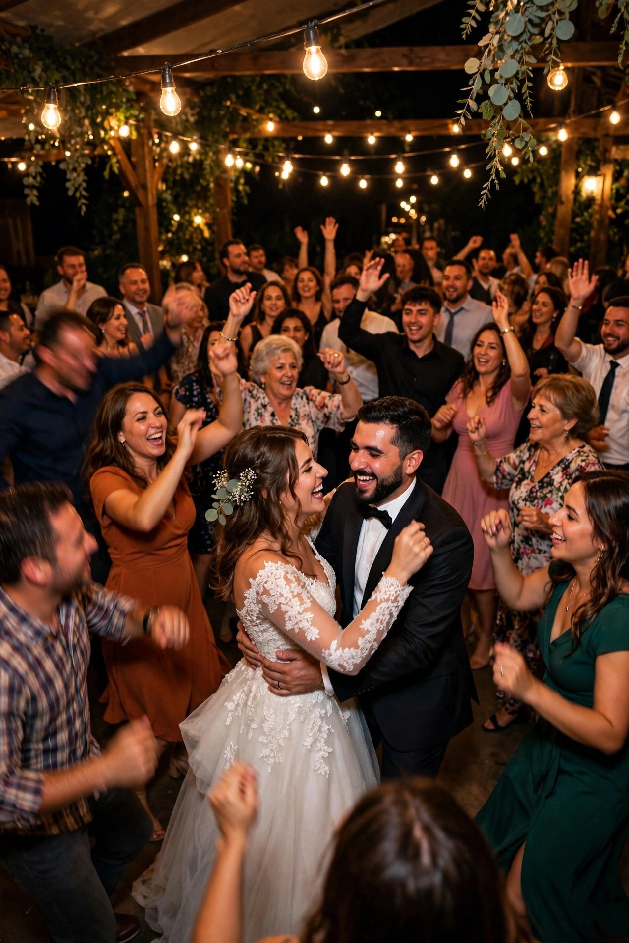 Packed wedding dance floor with guests dancing under string lights