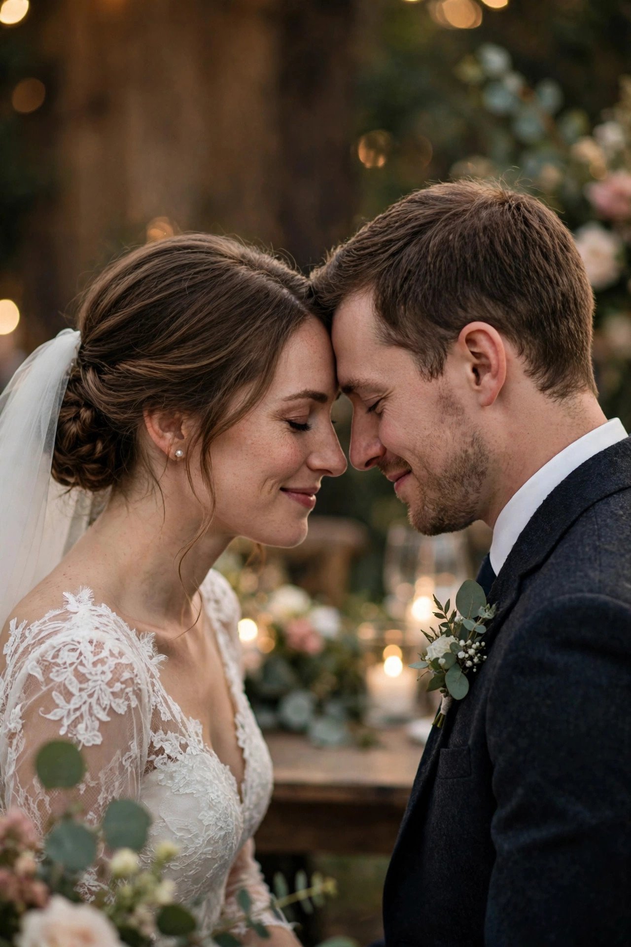 Bride and groom sharing a quiet joyful moment together at their wedding reception