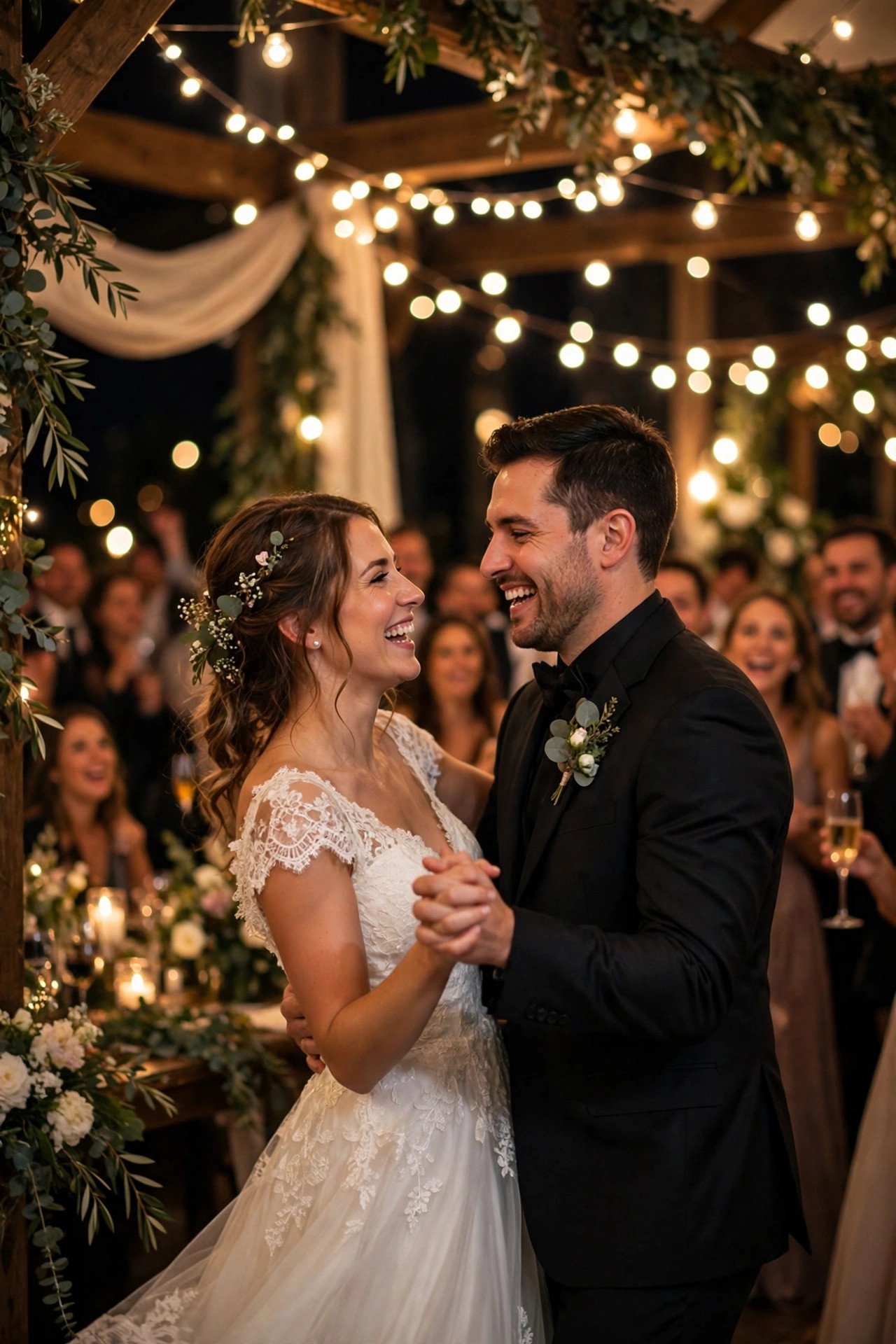 Happy bride and groom dancing together at a lively wedding reception