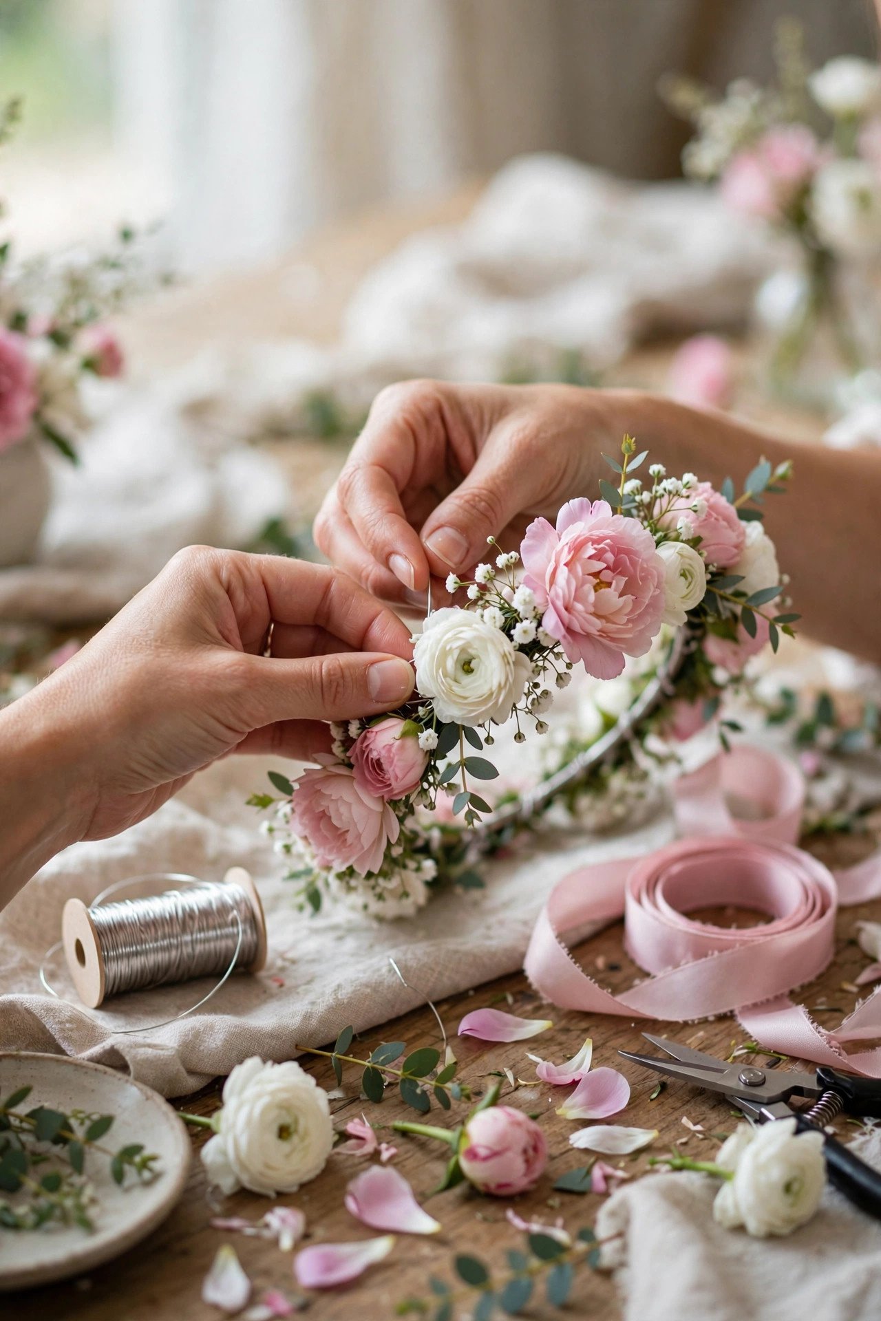 Bridal shower guests making flower crowns at a DIY station with fresh blooms