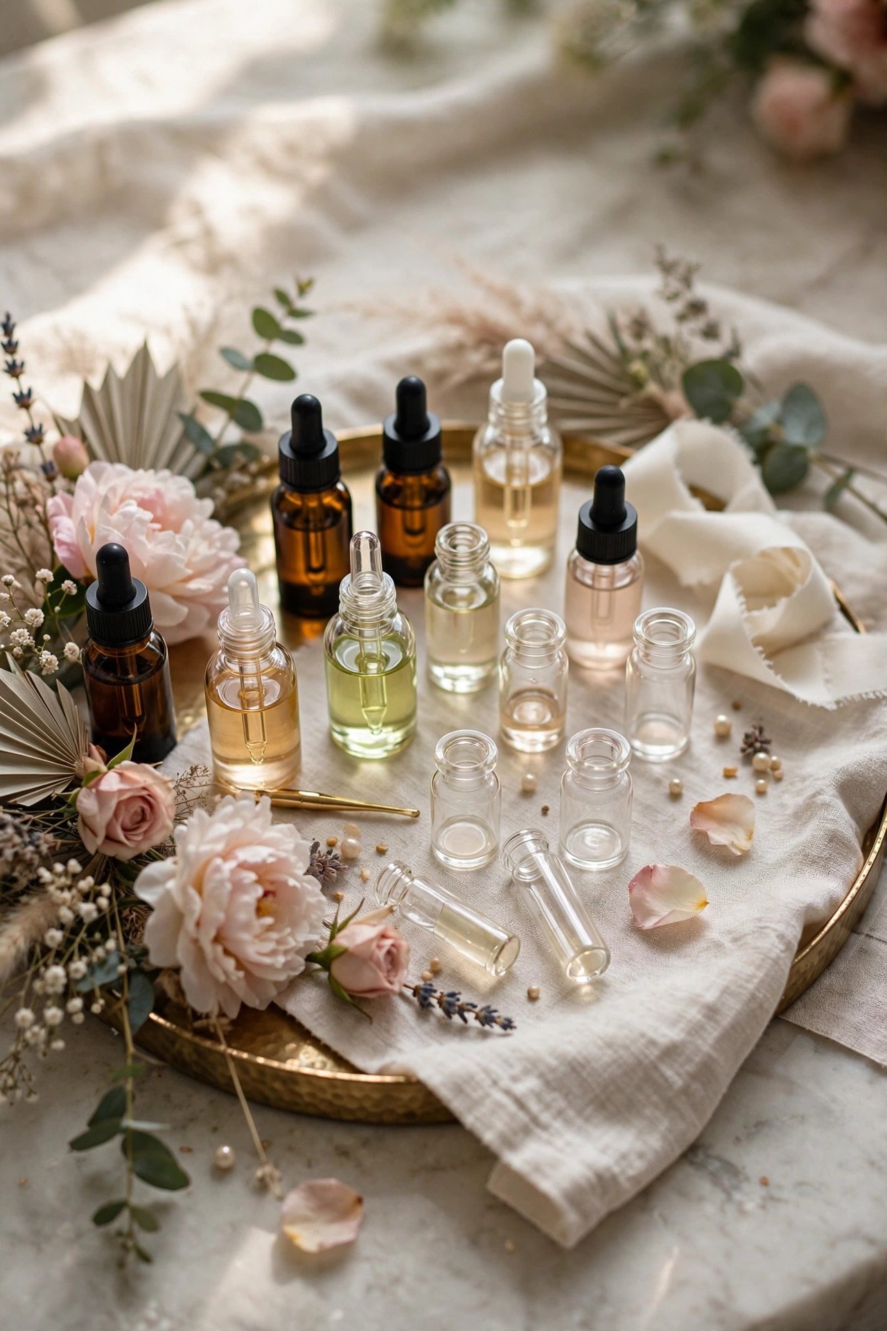 Elegant perfume blending station with essential oil bottles at a bridal shower