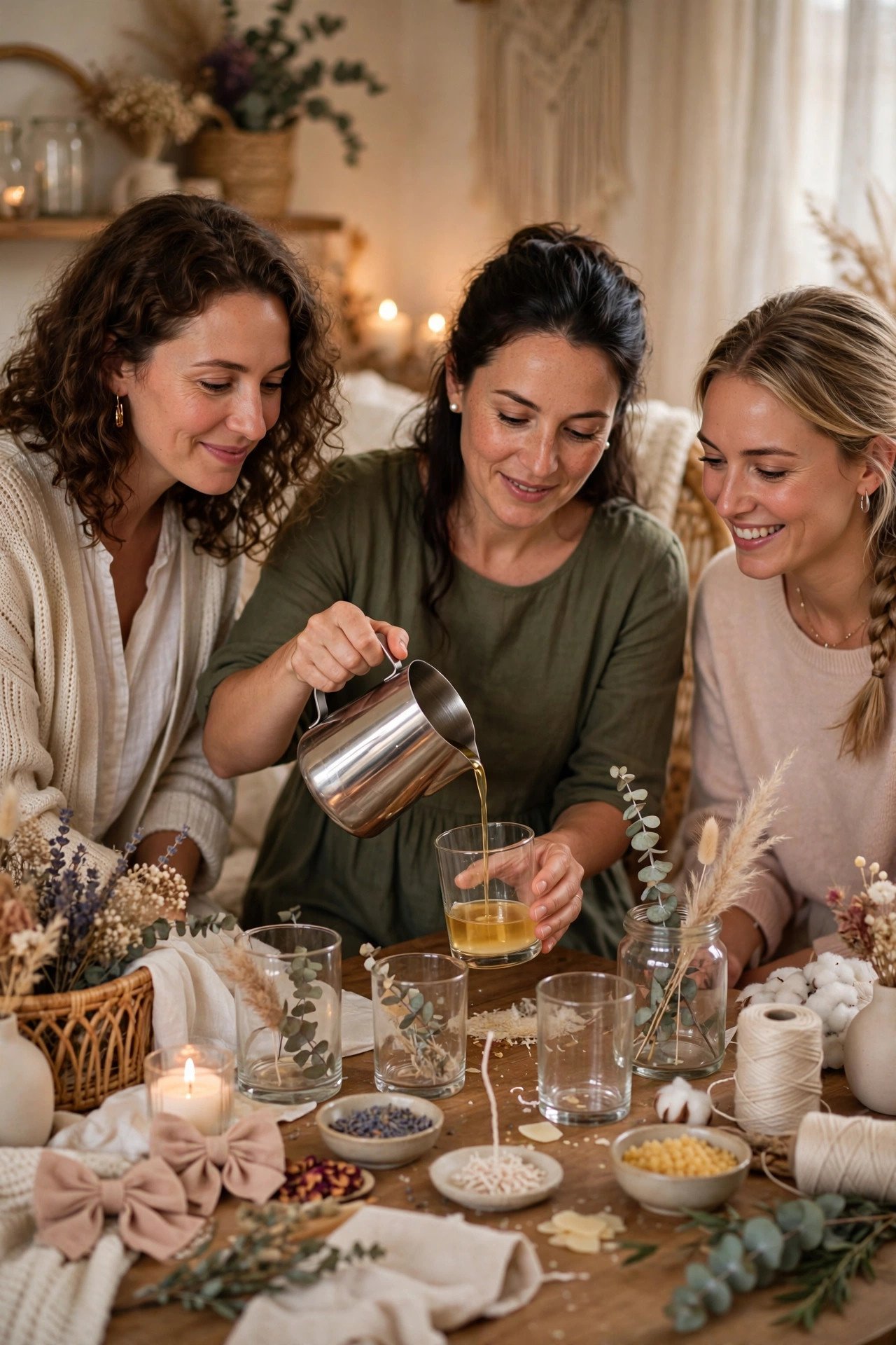 Guests making handmade candles at a cozy bridal shower craft corner