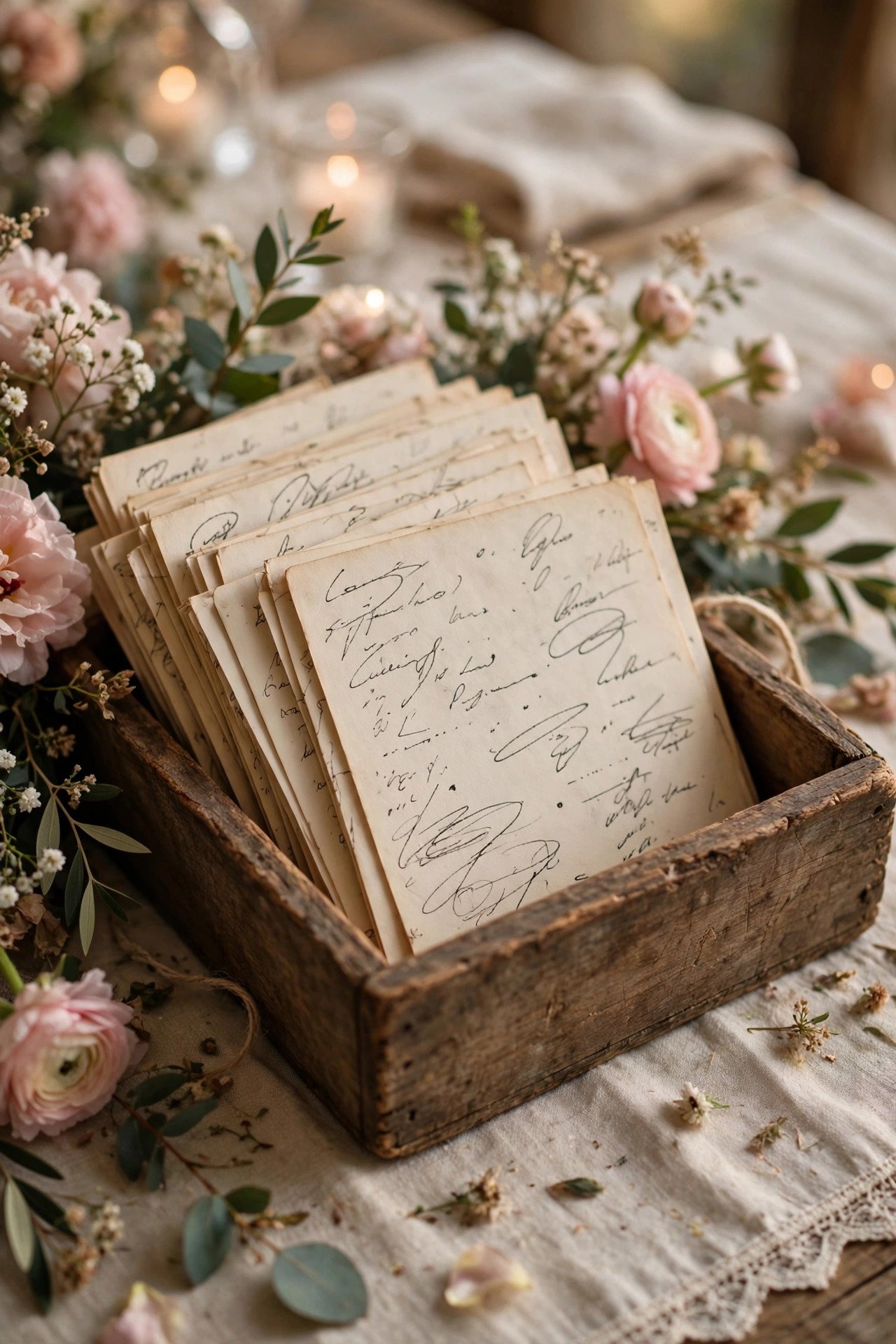 Handwritten recipe cards collected in a wooden box at a bridal shower