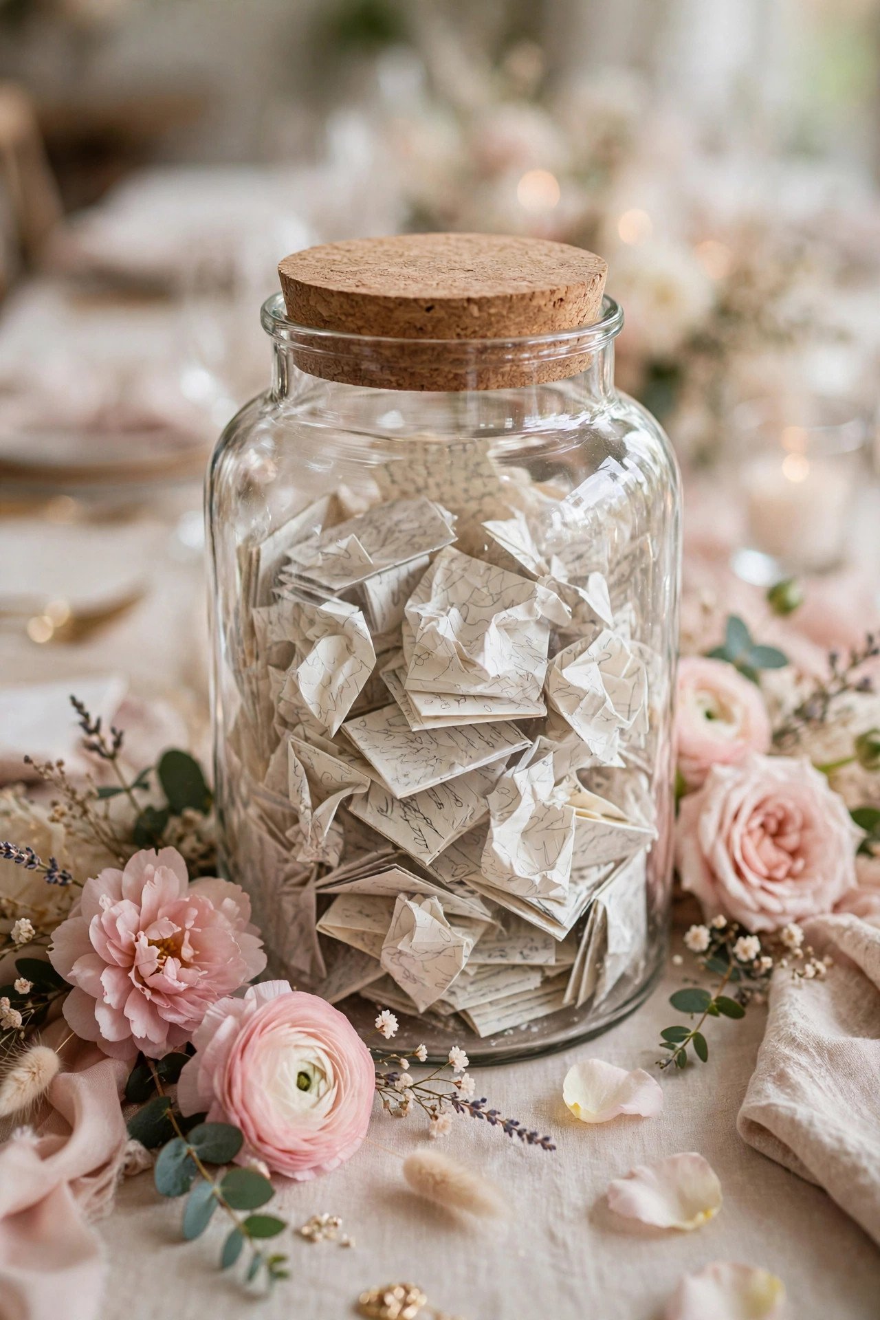 Beautiful glass advice jar with handwritten notes at a bridal shower