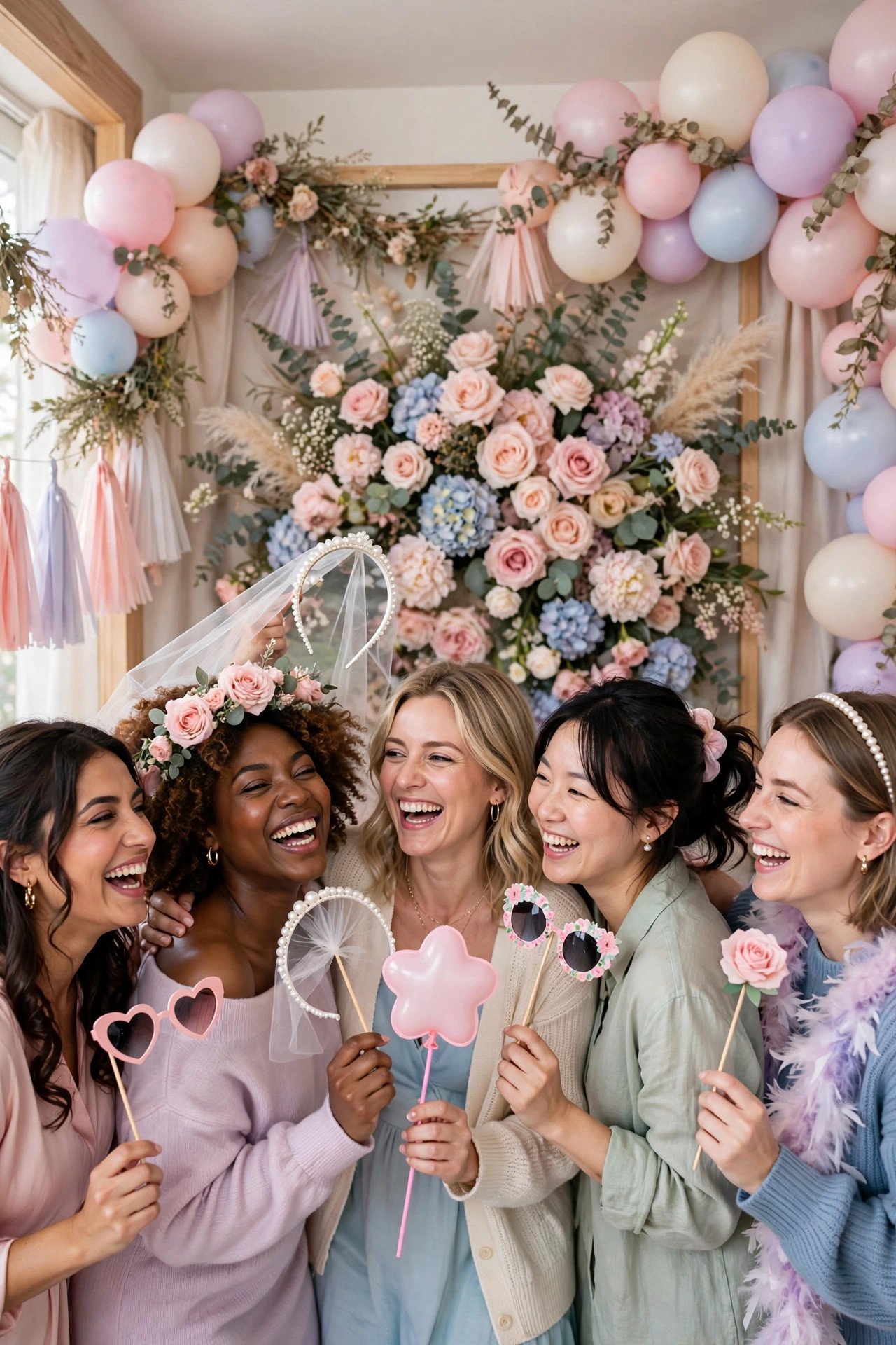 Bridal shower guests posing with fun props in a decorated photo booth