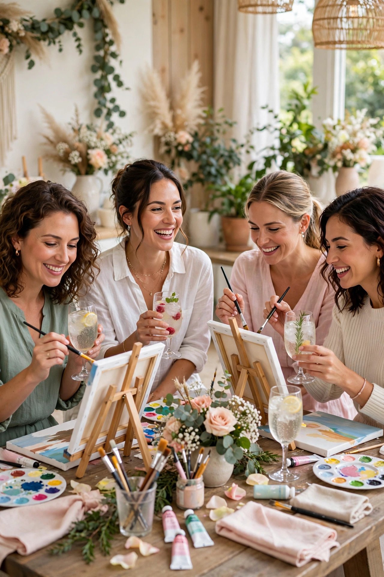 Women painting canvases and sipping mocktails at a bridal shower paint party