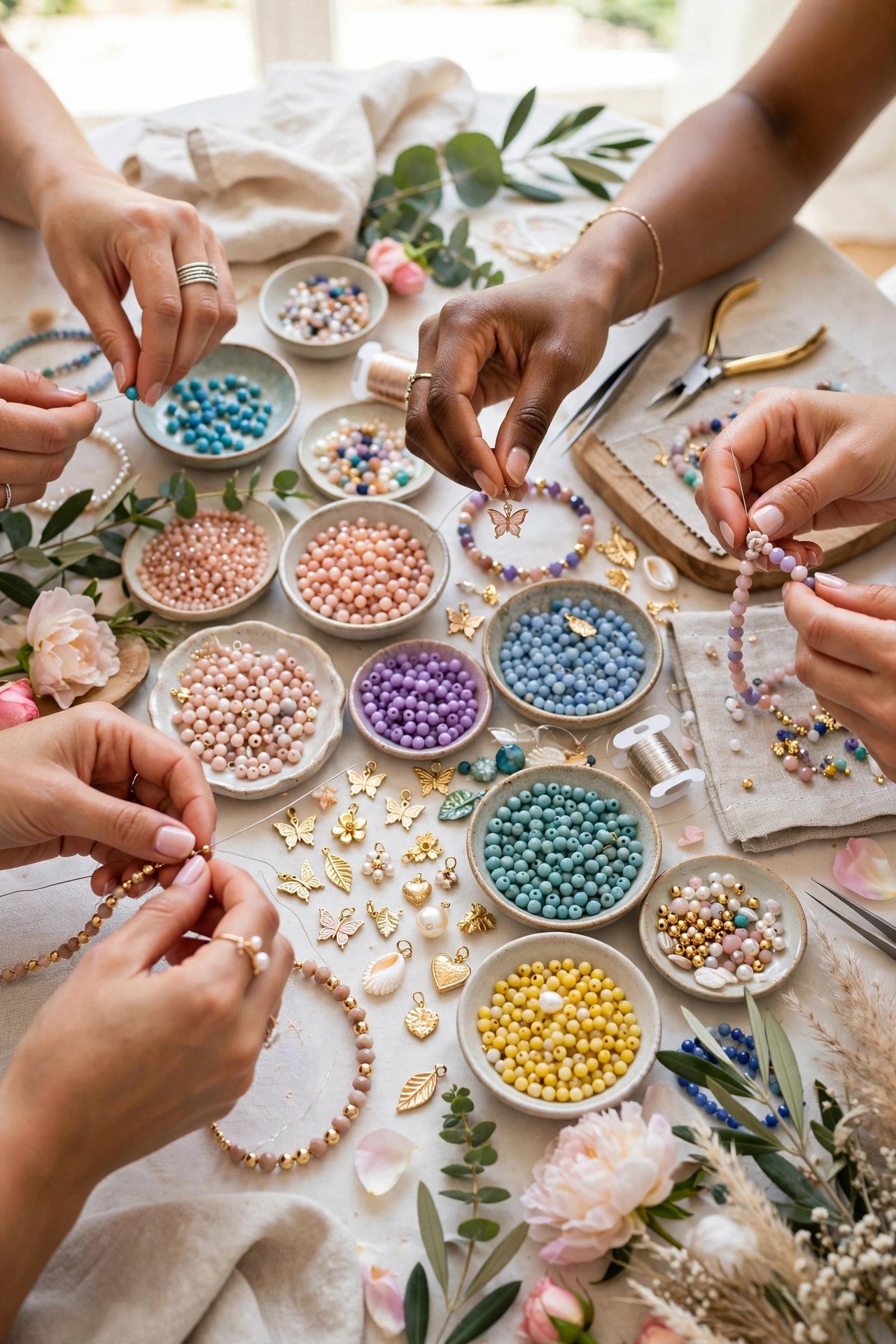 Bridal shower guests making beaded bracelets at an elegant jewelry table