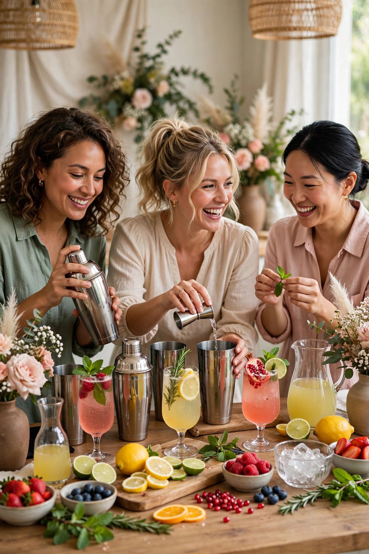 Women learning to mix colorful mocktails at a bridal shower mixing class