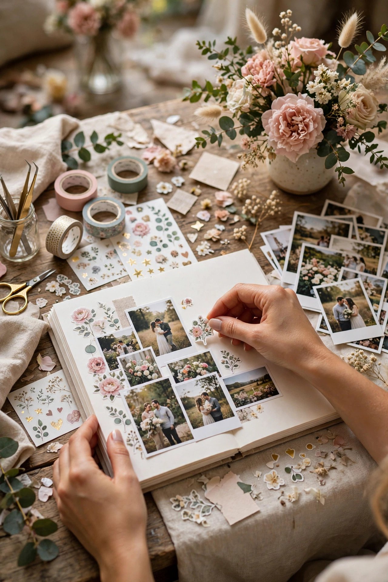 Bridal shower scrapbook station with photos stickers and craft supplies