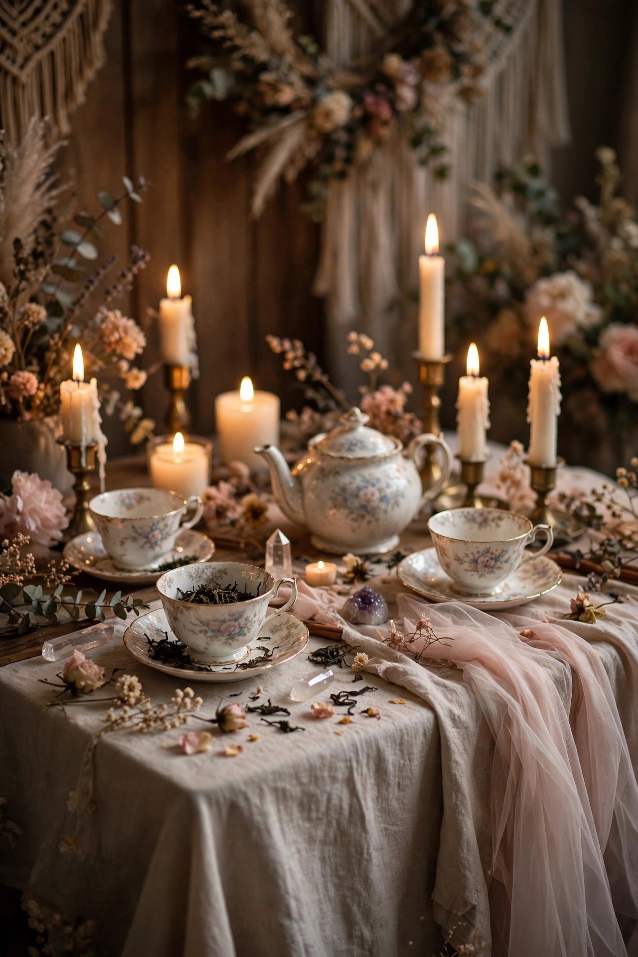 Cozy tea leaf reading corner with teacups and candles at a bridal shower