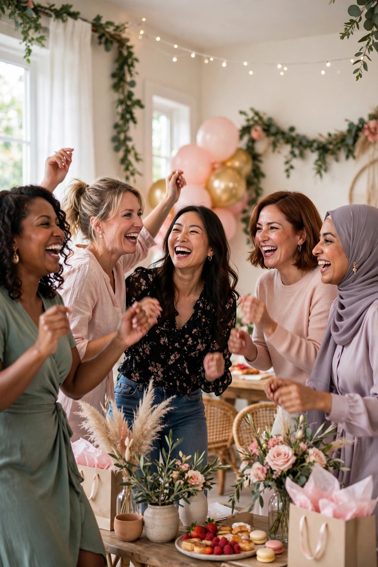 Joyful group dance lesson at a bridal shower with women learning steps together
