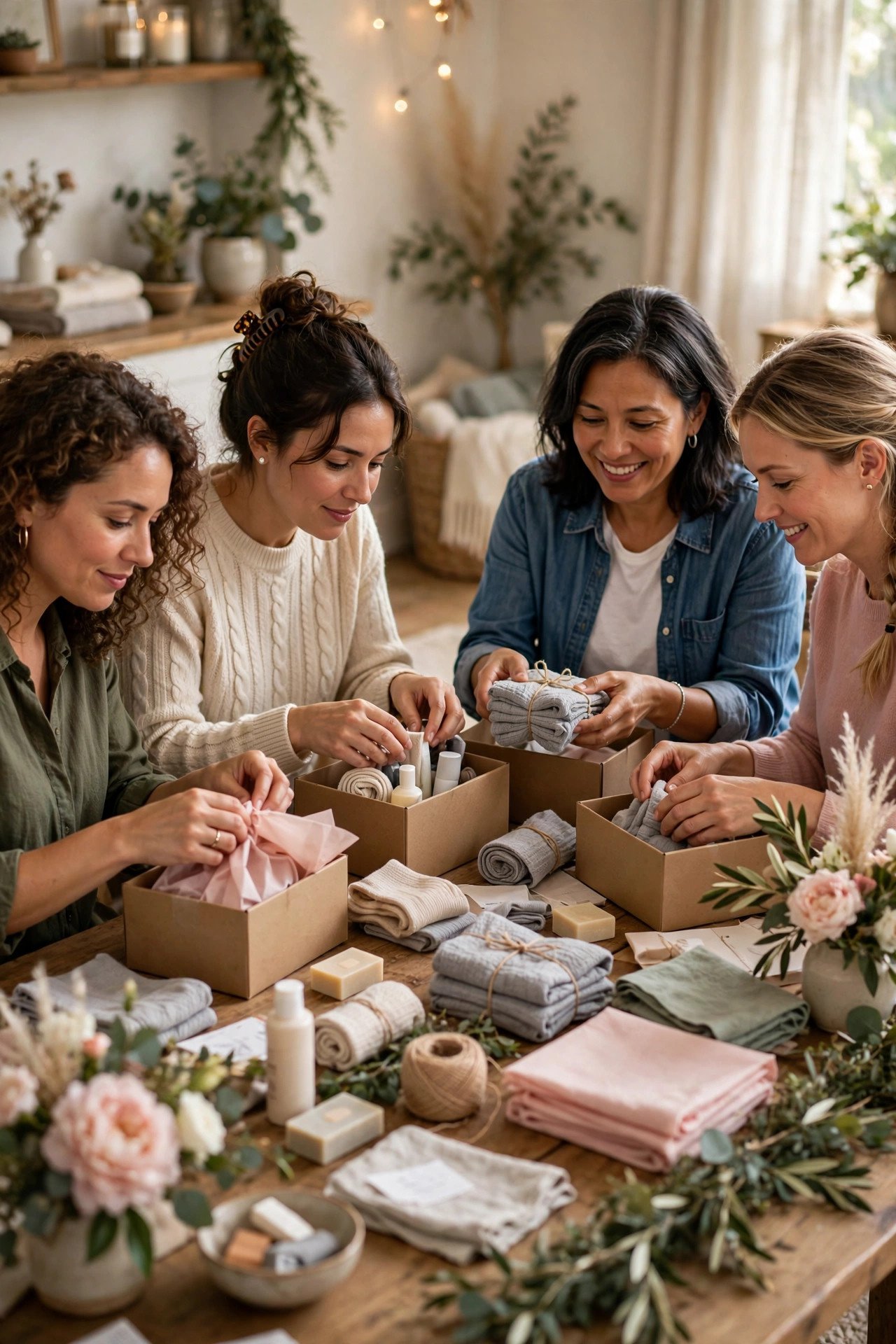 Women assembling charity care packages together at a bridal shower