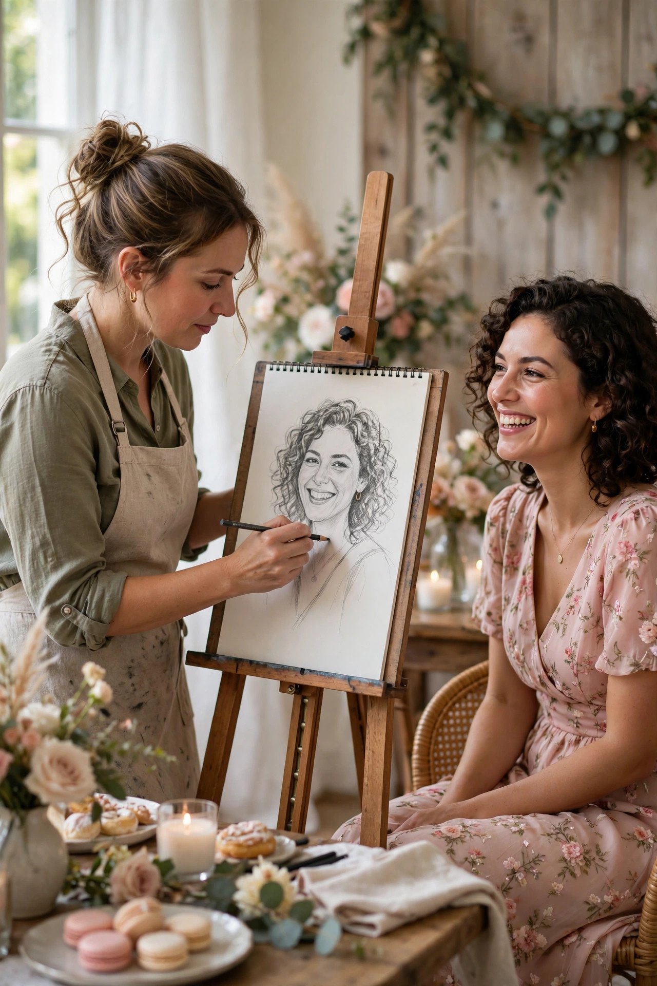 Live portrait artist sketching a guest at an elegant bridal shower