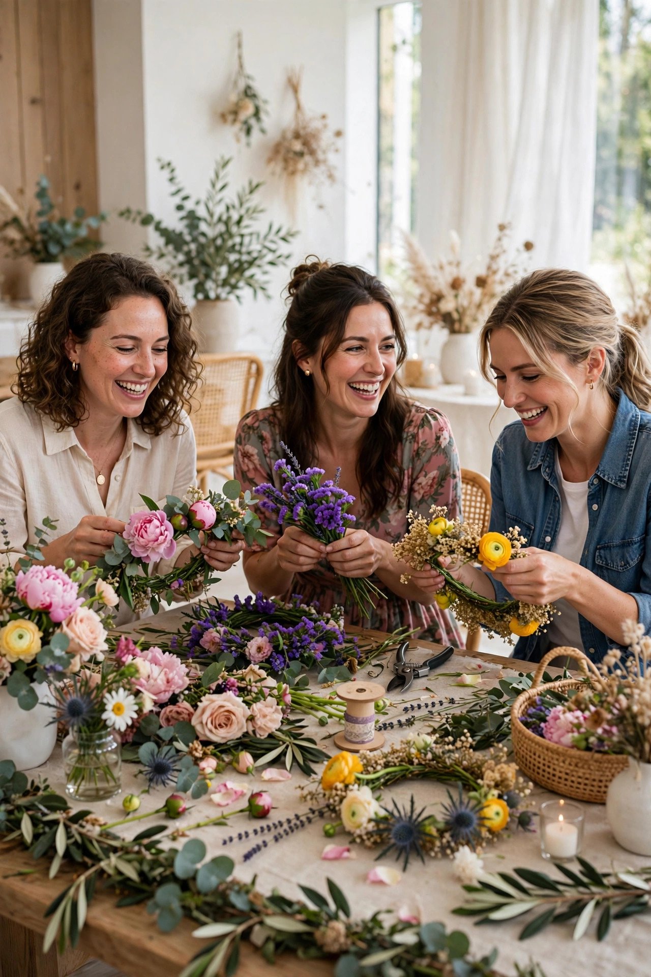 Women making flower crowns together at an elegant bridal shower activity station