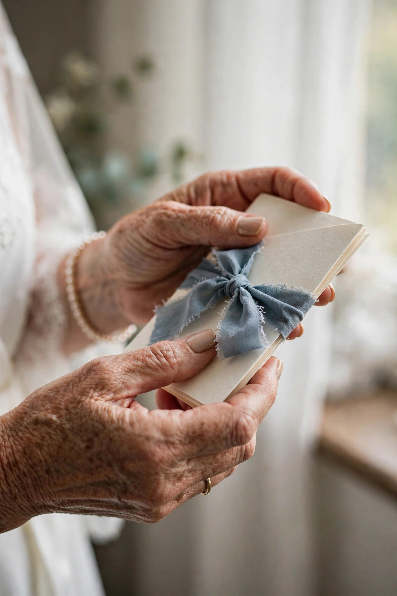 Mother's hands holding a handwritten letter at a wedding