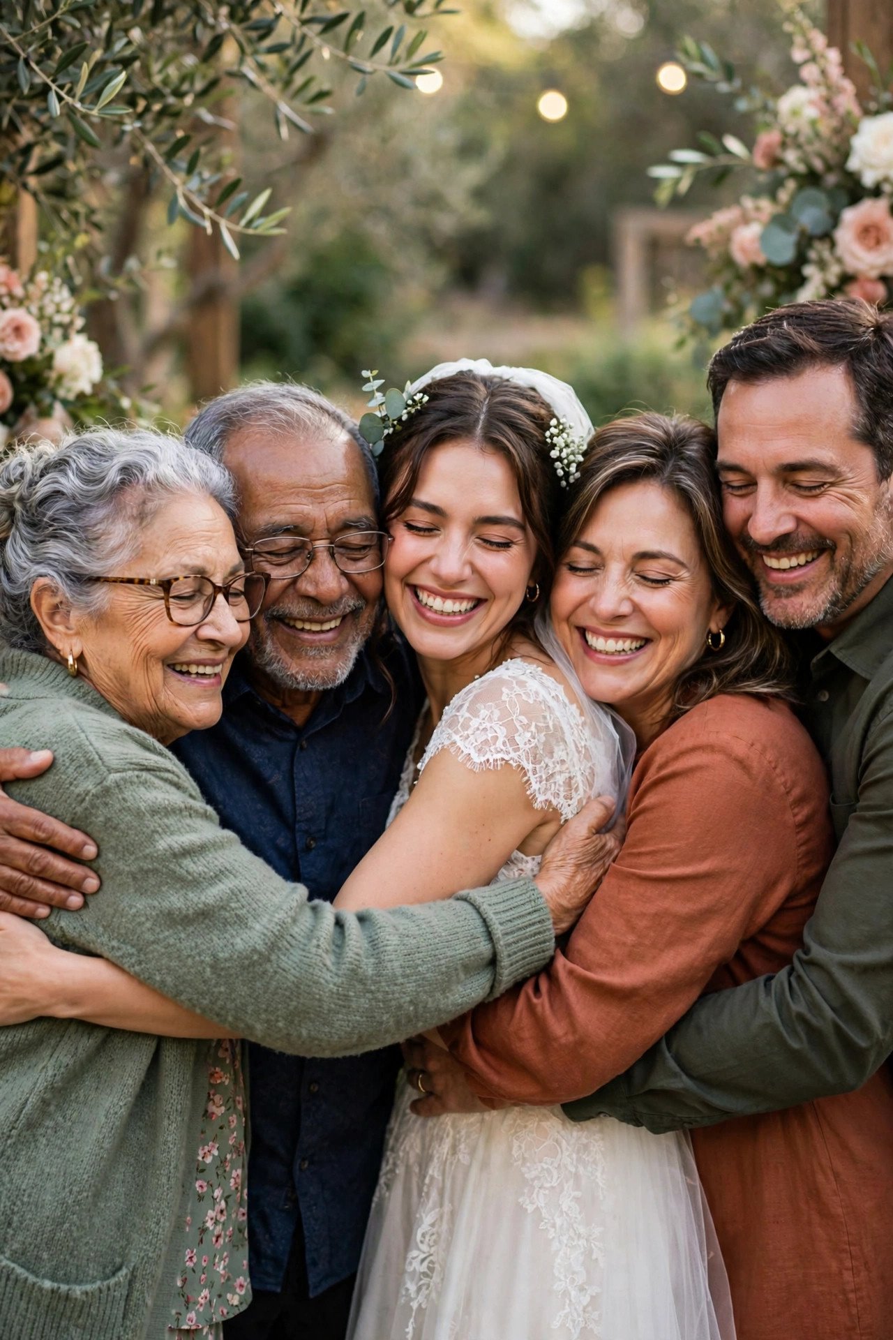 Warm multi-generational family embracing together at a wedding celebration