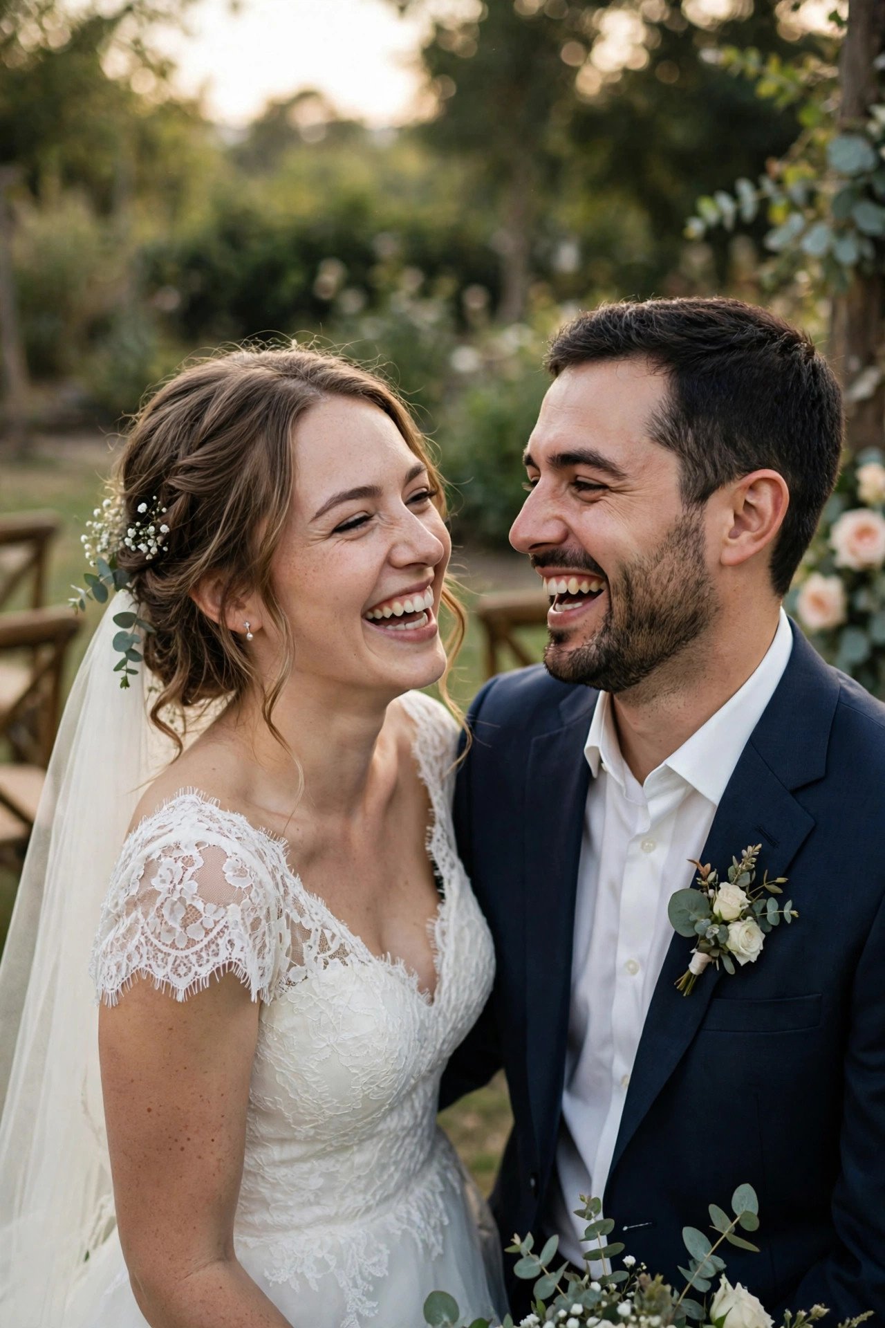Bride and groom laughing together candidly at their wedding