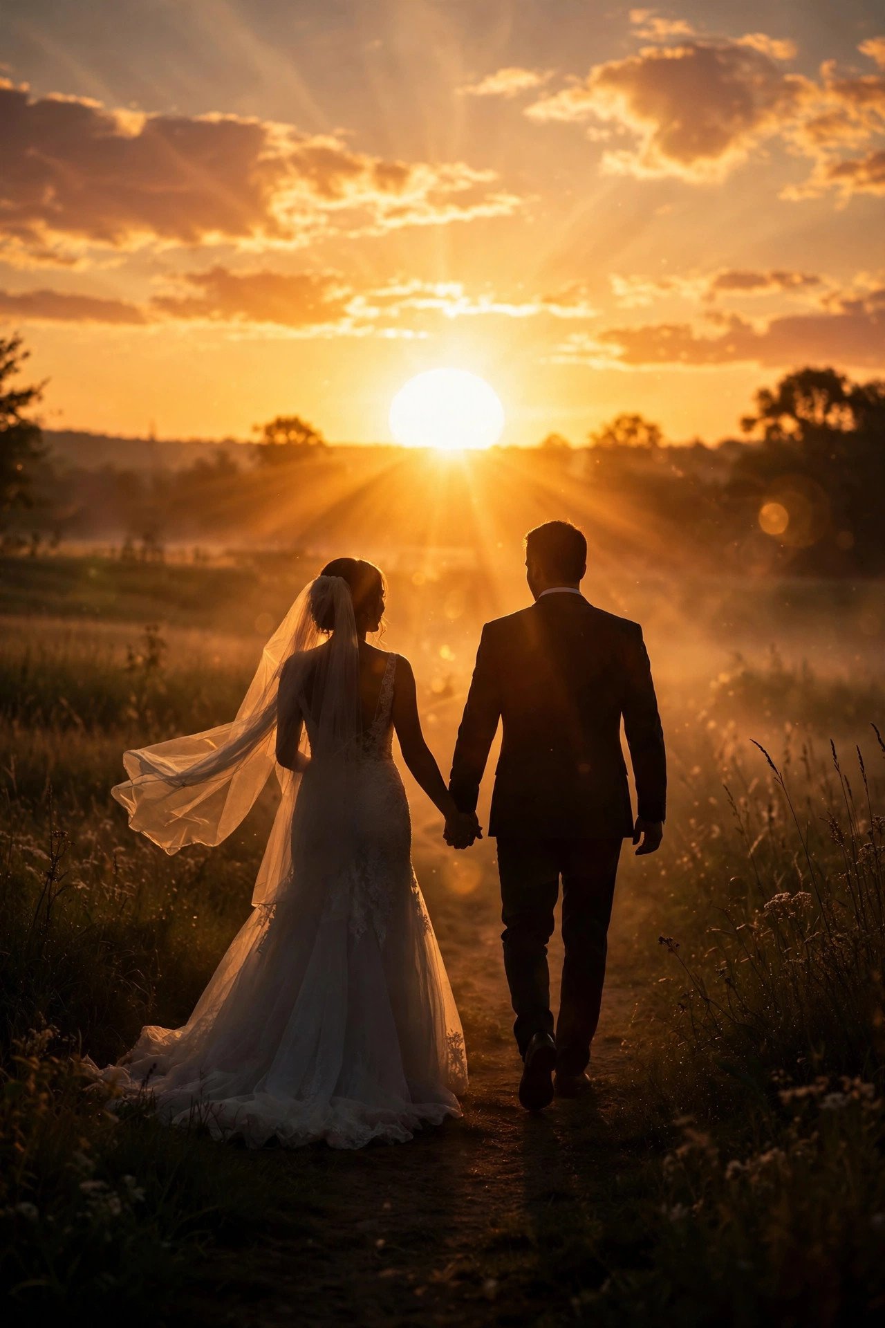 Newlywed couple walking hand in hand into the sunset after their wedding