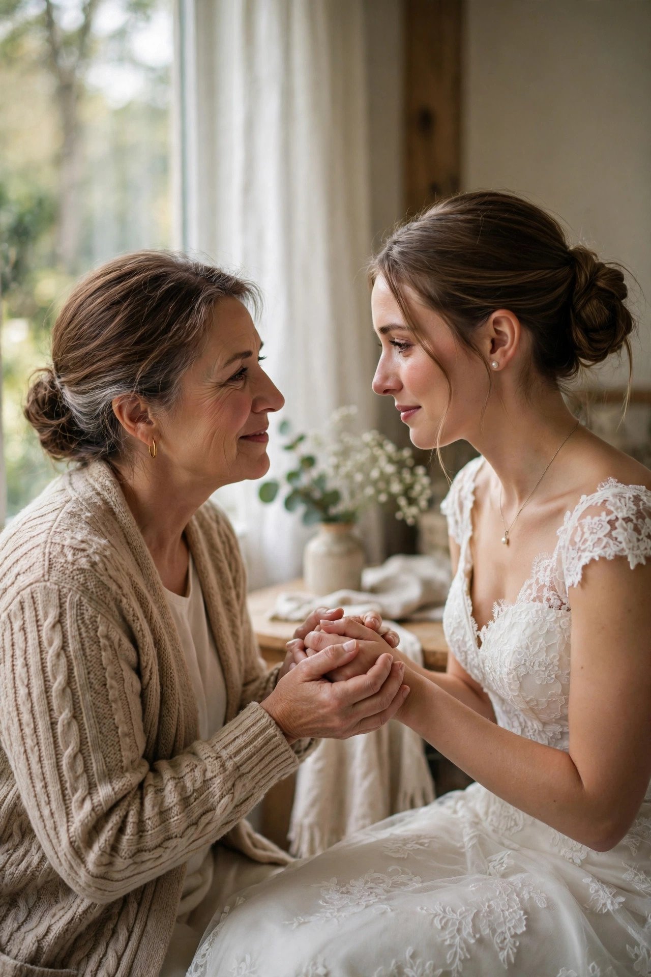 Mother and bride sharing a tender quiet conversation before the wedding