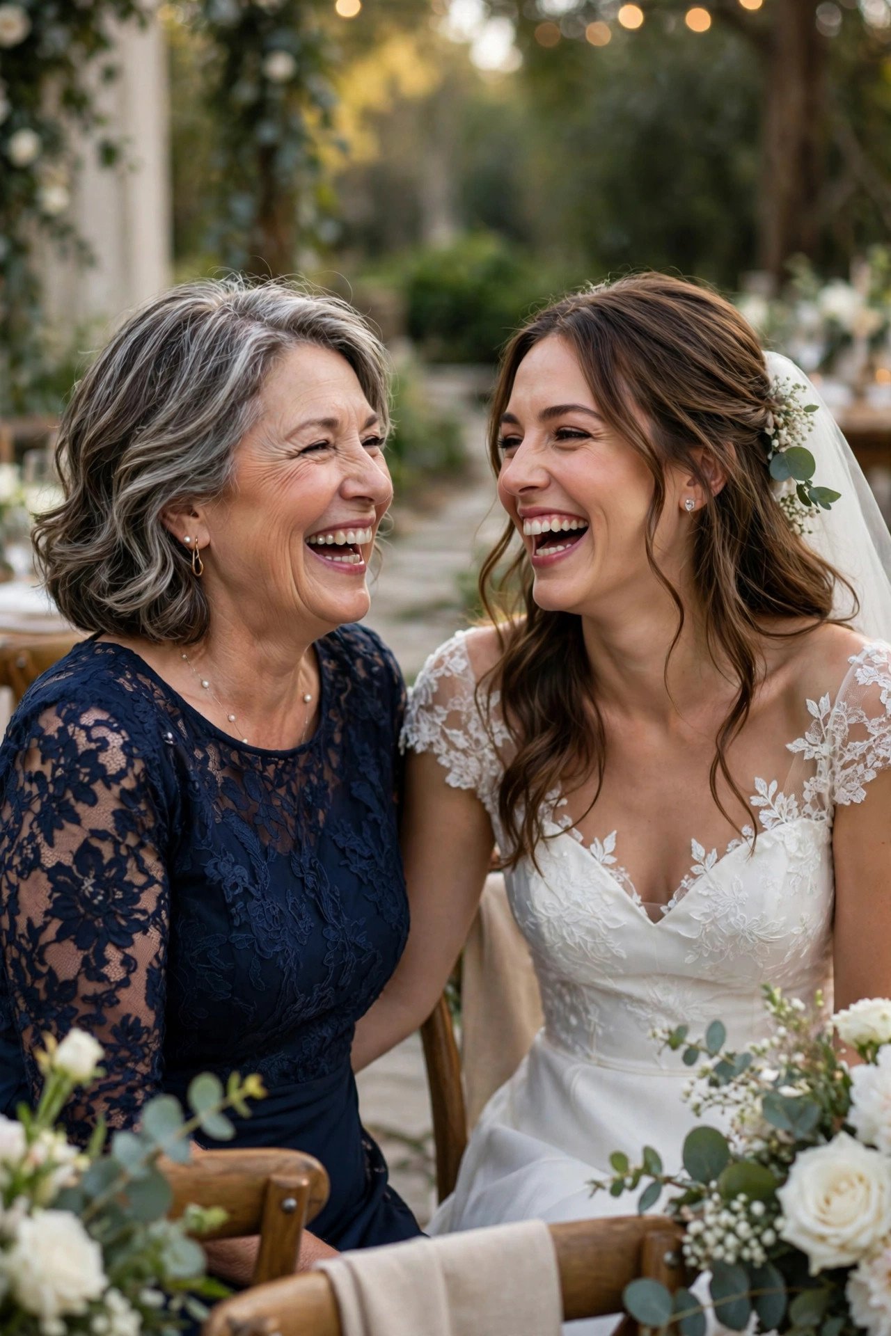Mother-in-law and bride laughing together like mother and daughter at a wedding