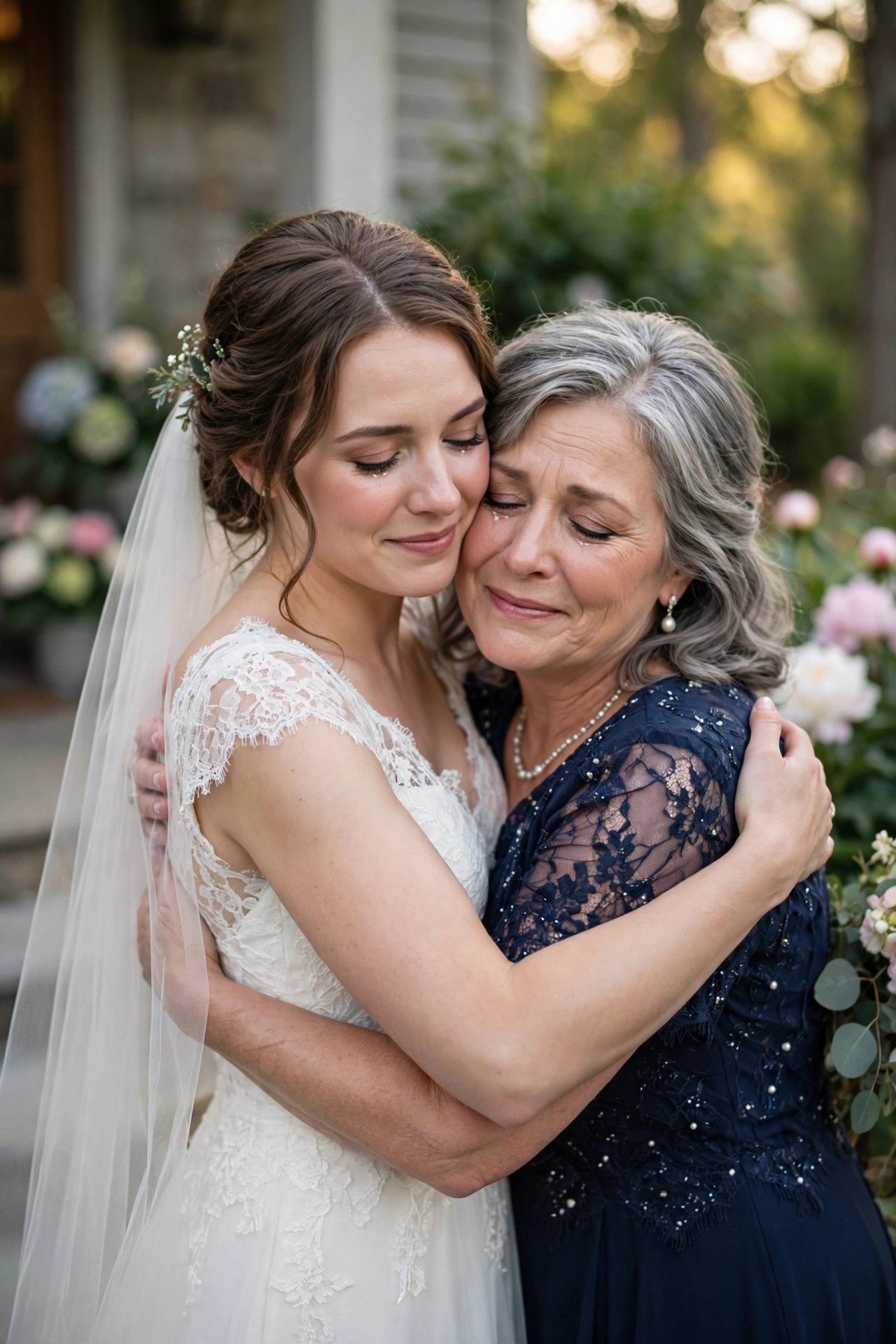 Bride and mother-in-law sharing a tender hug on the wedding day