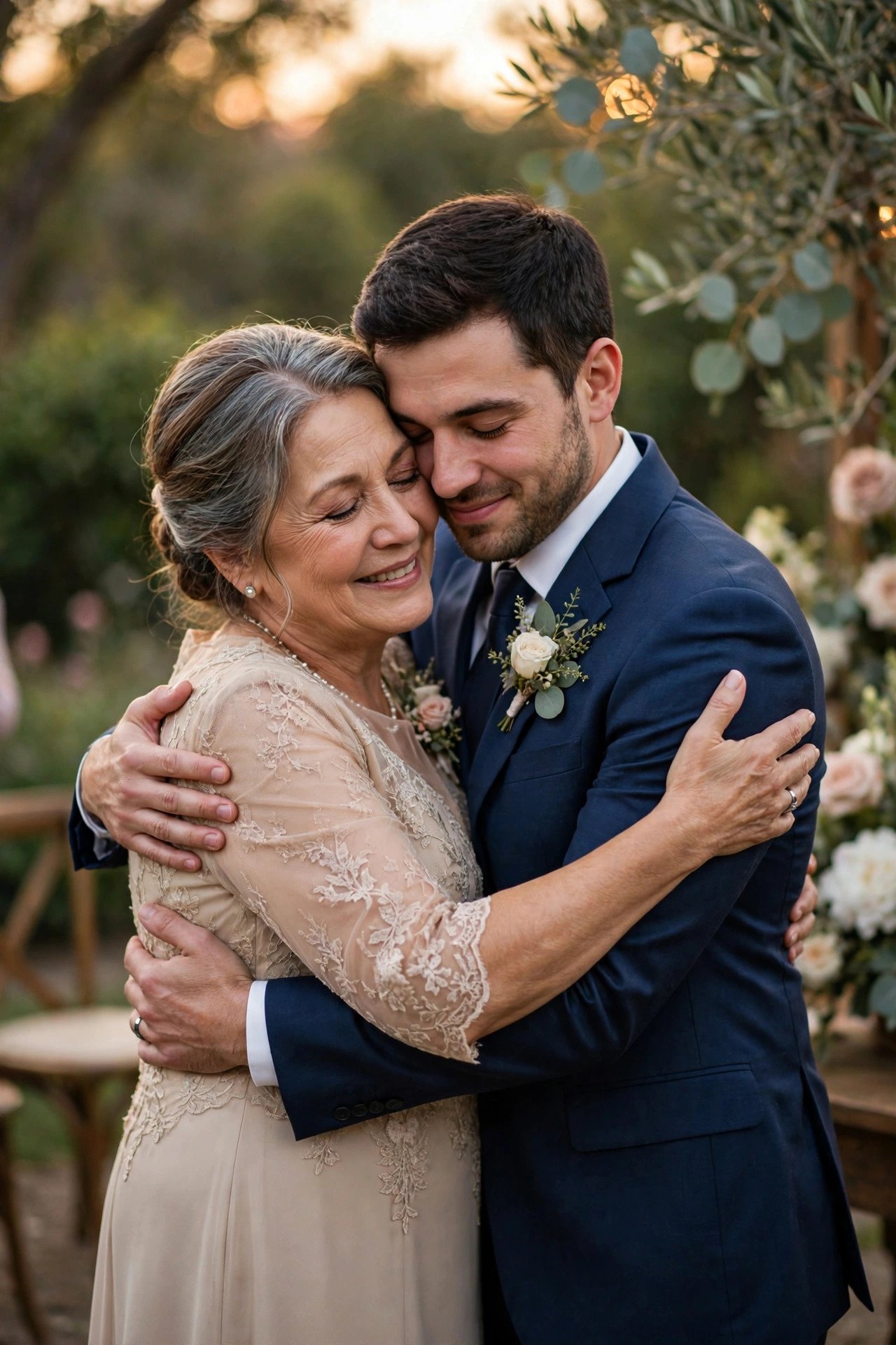 Mother tenderly embracing her son on his wedding day