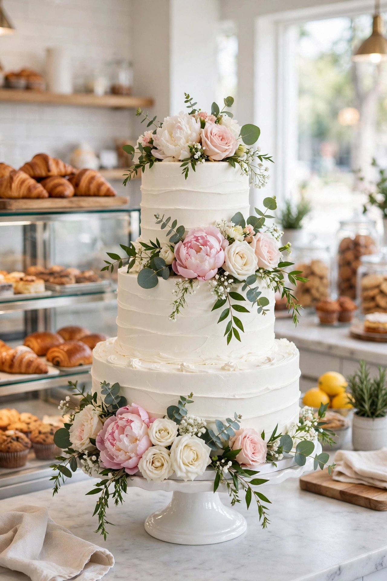 Stunning professionally made tiered wedding cake with elegant flowers
