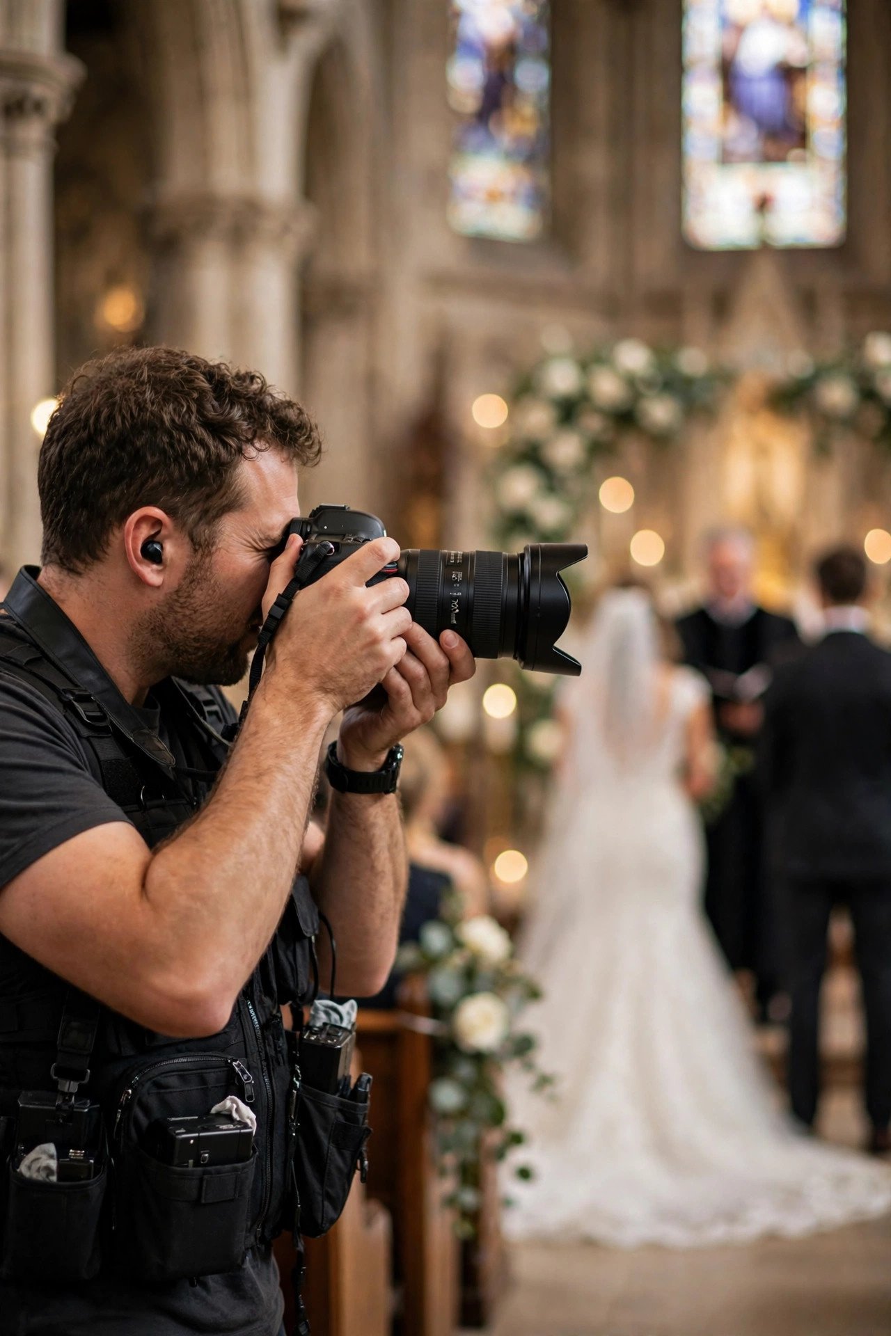 Professional wedding photographer capturing the ceremony with pro camera gear