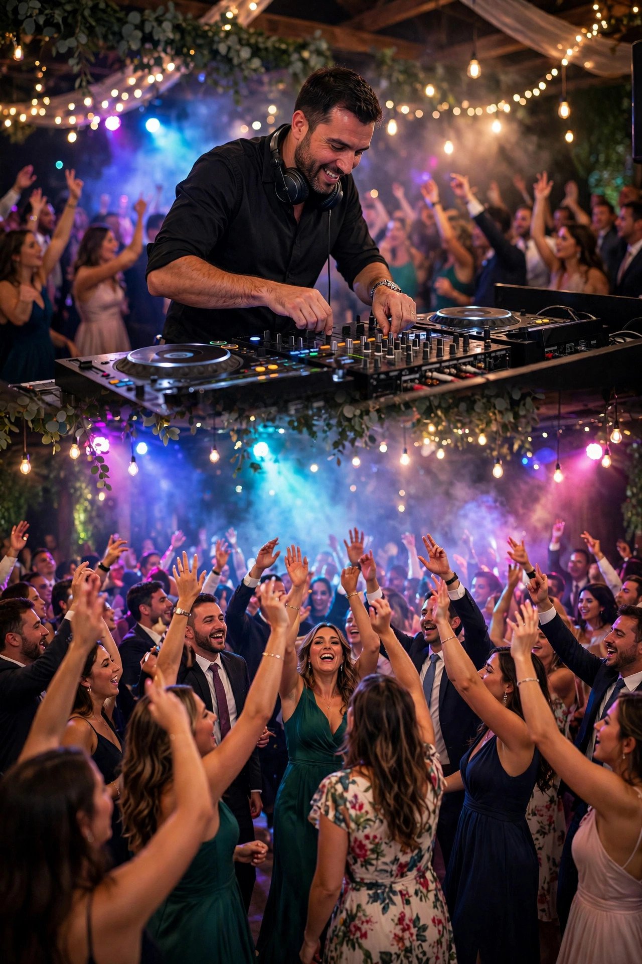 Professional wedding DJ energizing a packed dance floor