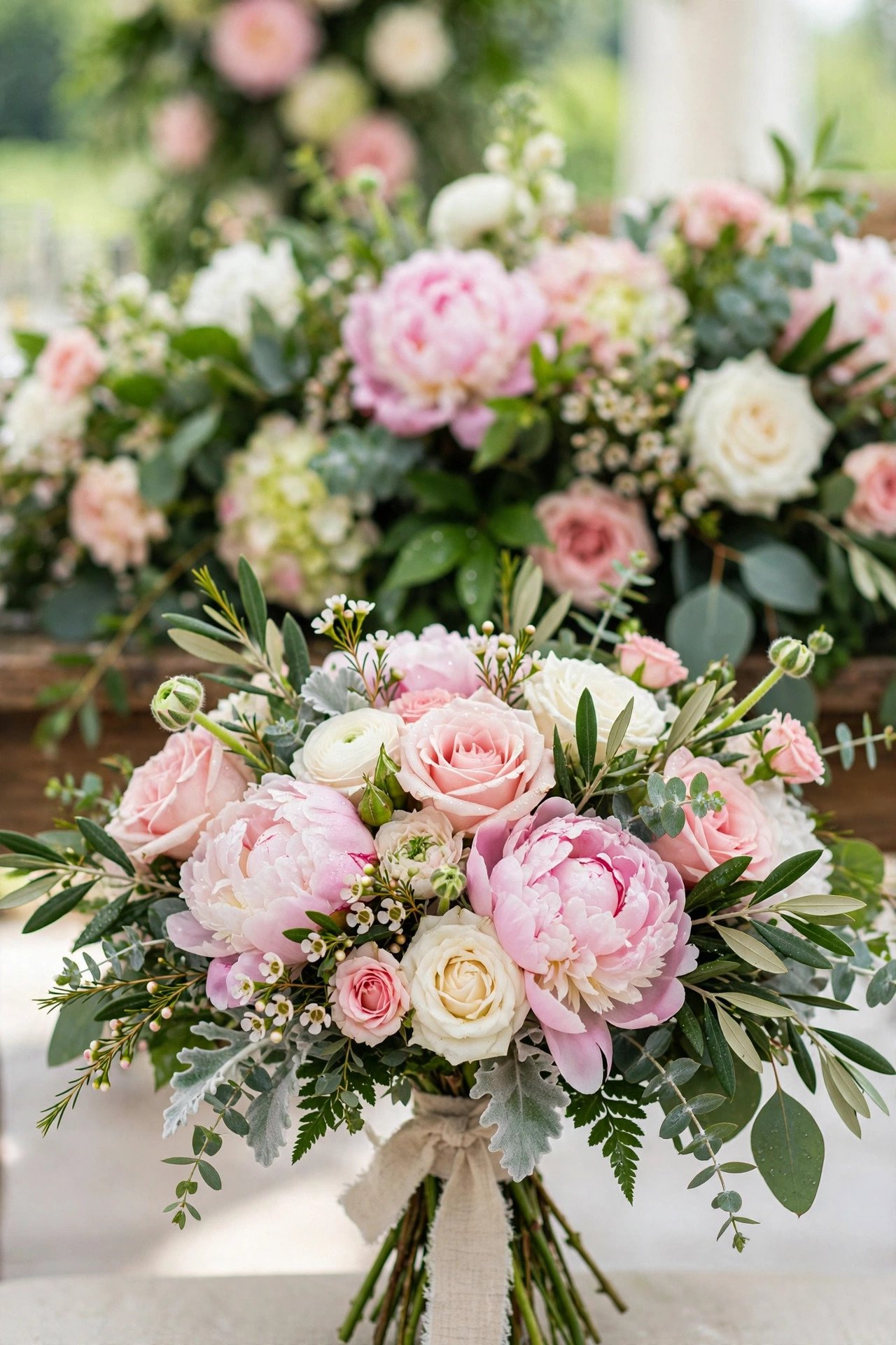 Fresh vibrant professional wedding bouquet and floral arrangements