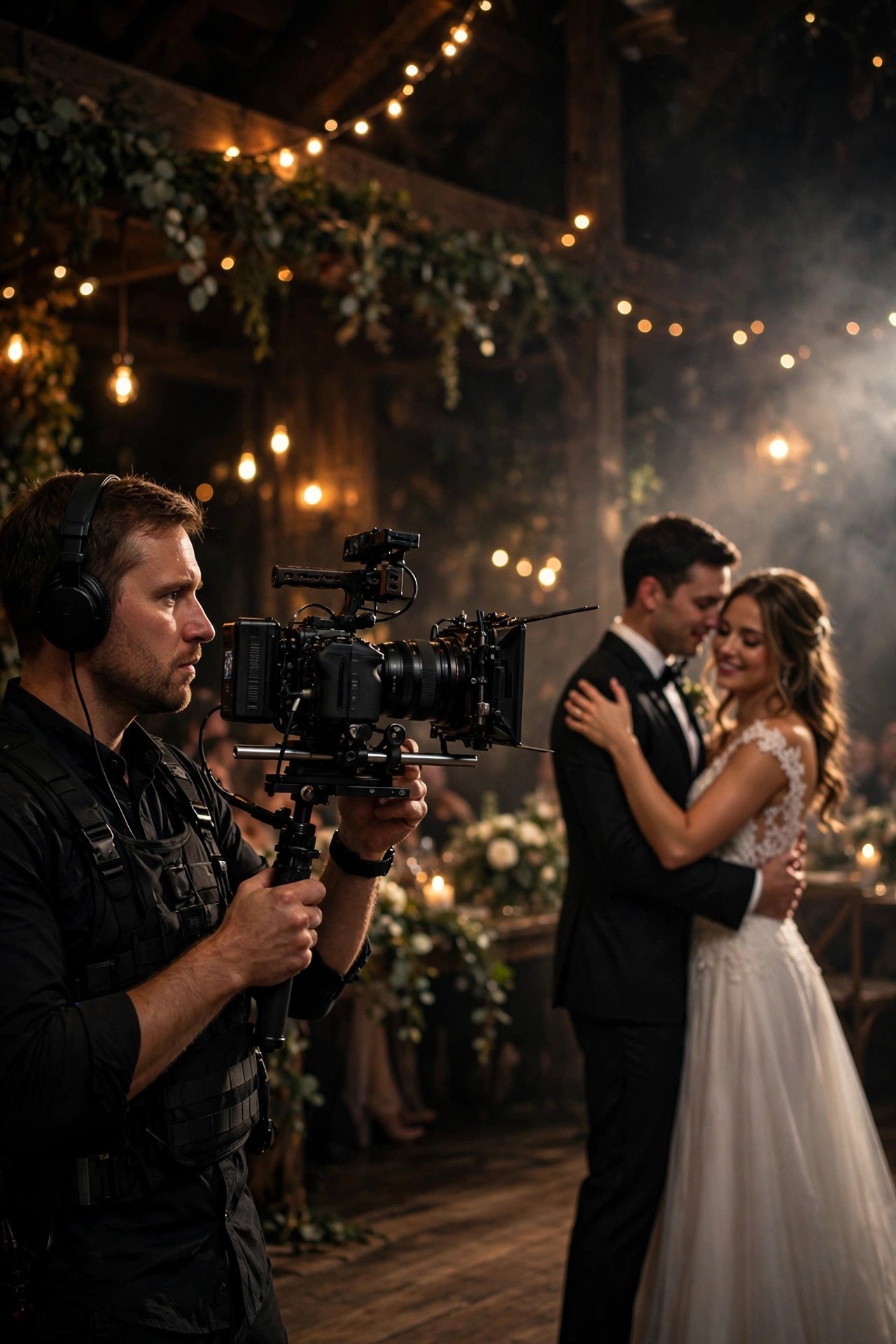 Professional wedding videographer filming the couple's first dance cinematically