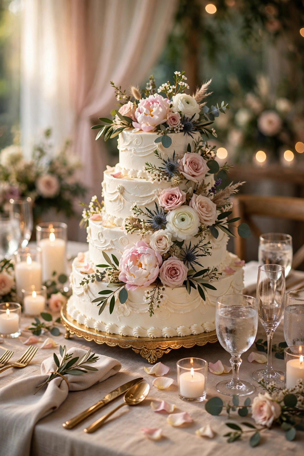 Professional wedding cake and elegant reception details done by expert vendors