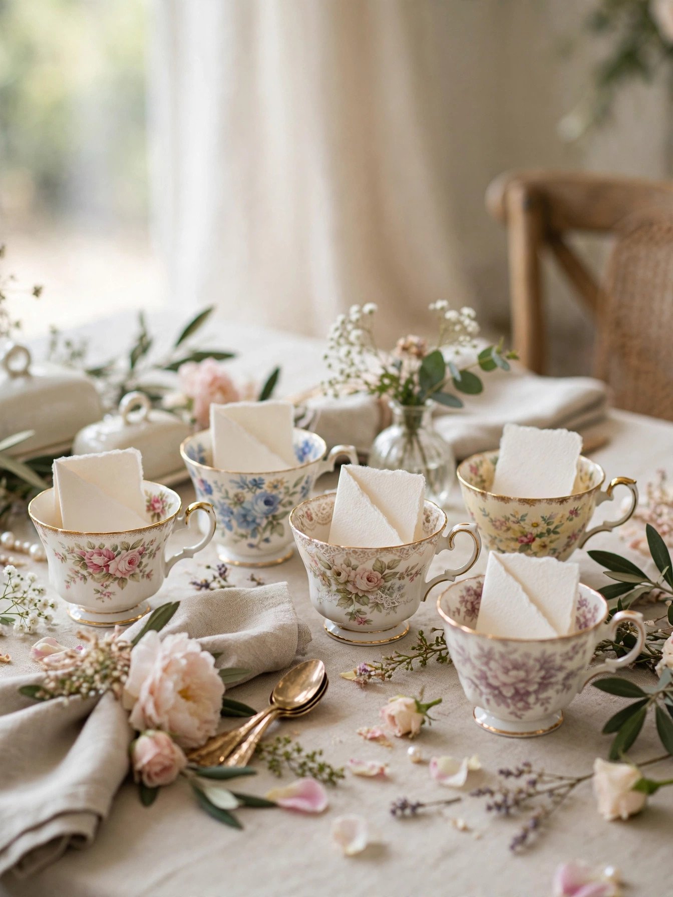 Vintage floral teacups holding handwritten place cards on a bridal shower table
