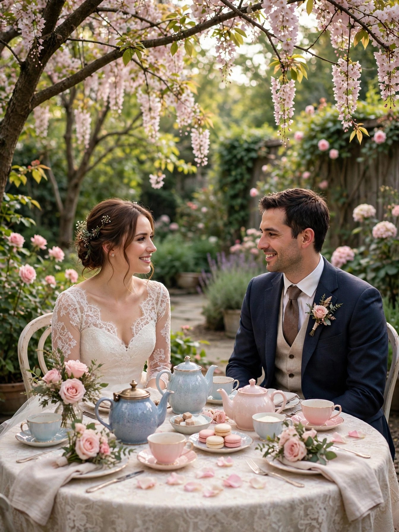 Garden tea party table under flowering trees with lace tablecloth and teapots