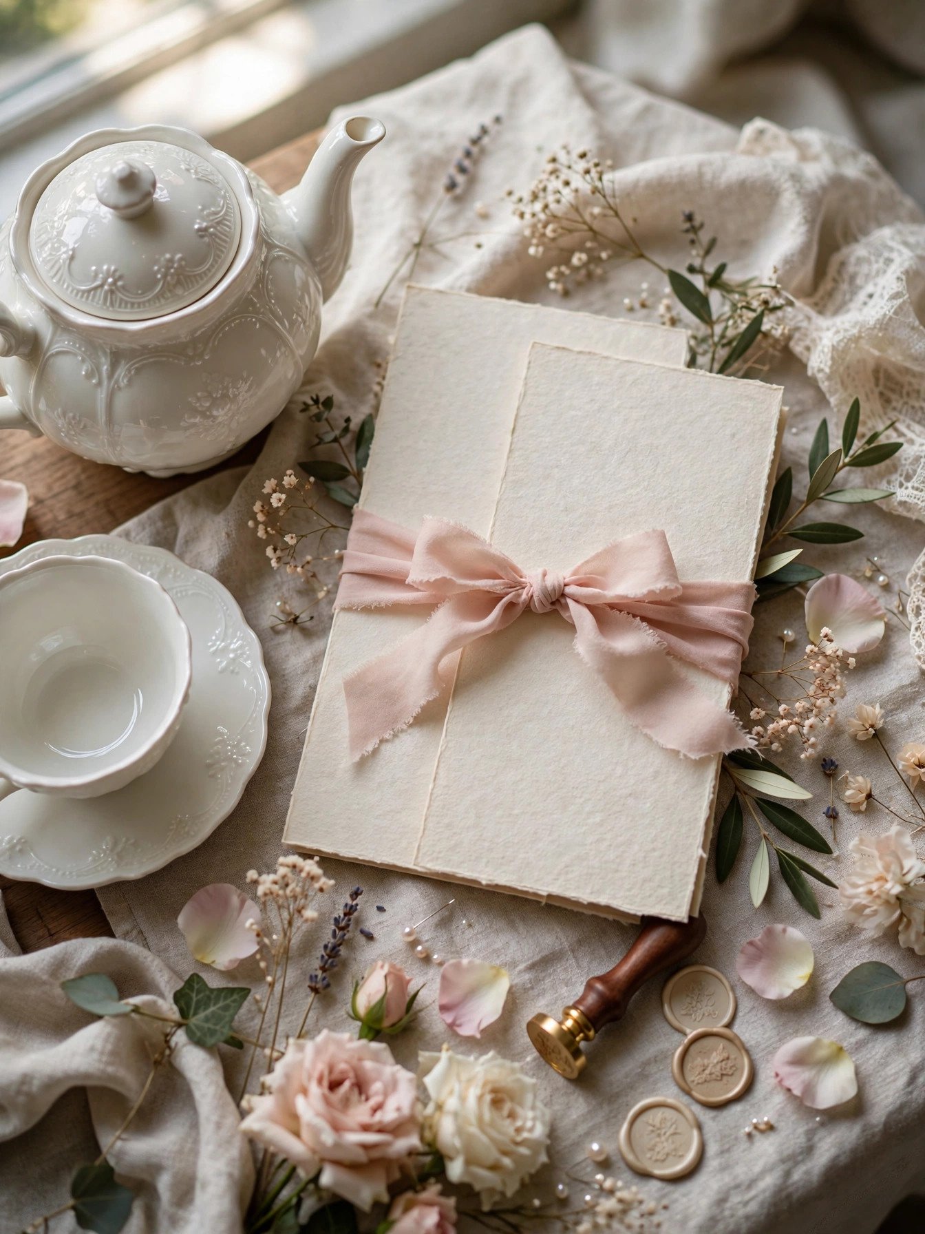 Handwritten love-letter menu cards tied with ribbon beside a porcelain teapot