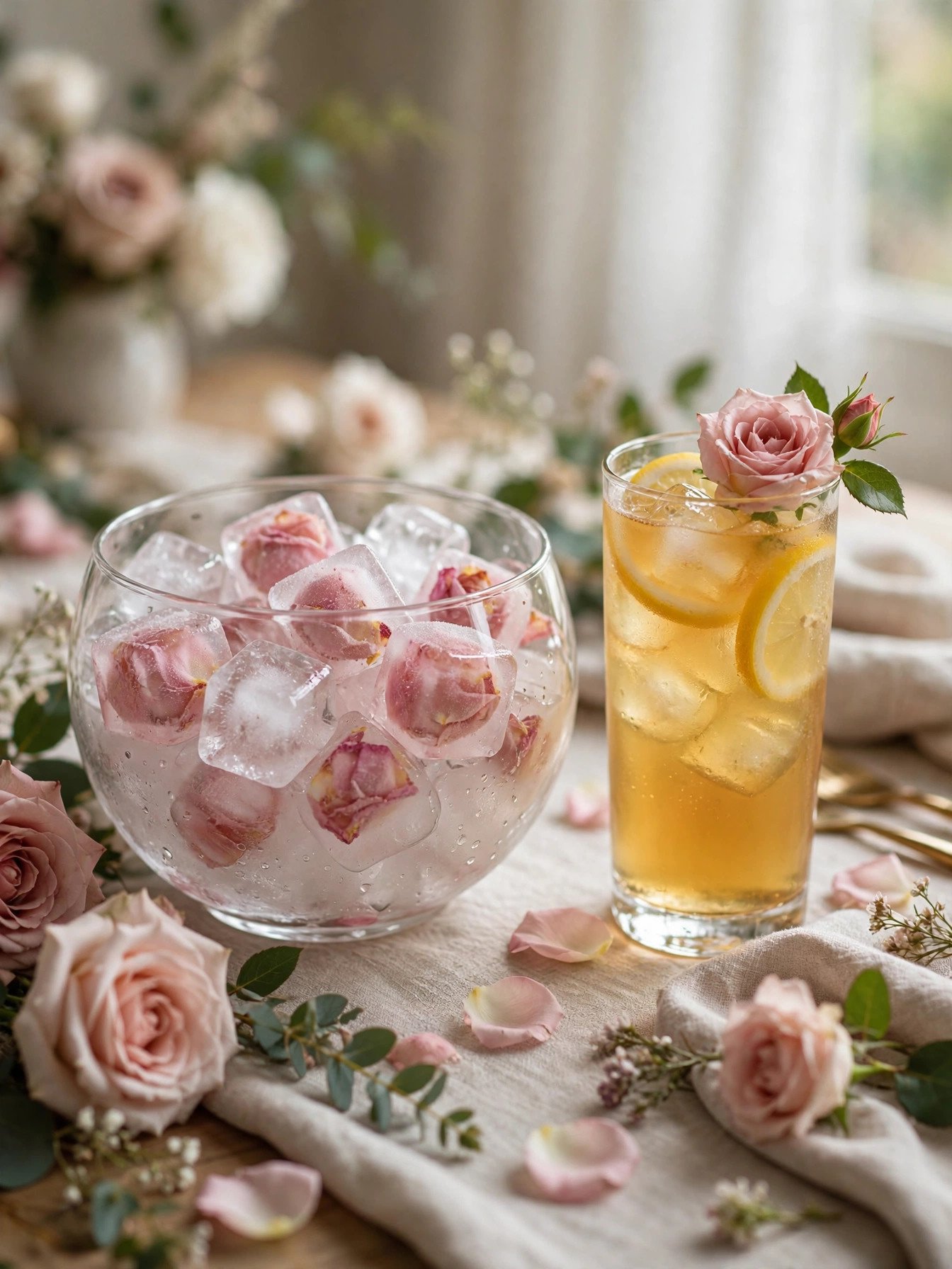 Glass bowl of ice cubes with frozen rose petals and iced tea at a tea party