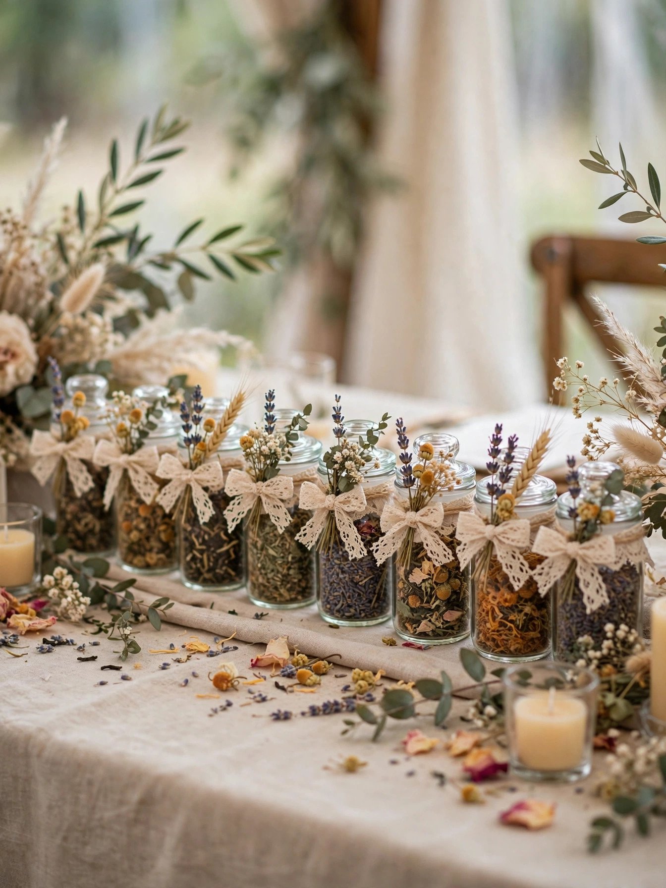 DIY loose-leaf tea blend favors in small glass jars with lace and dried flowers