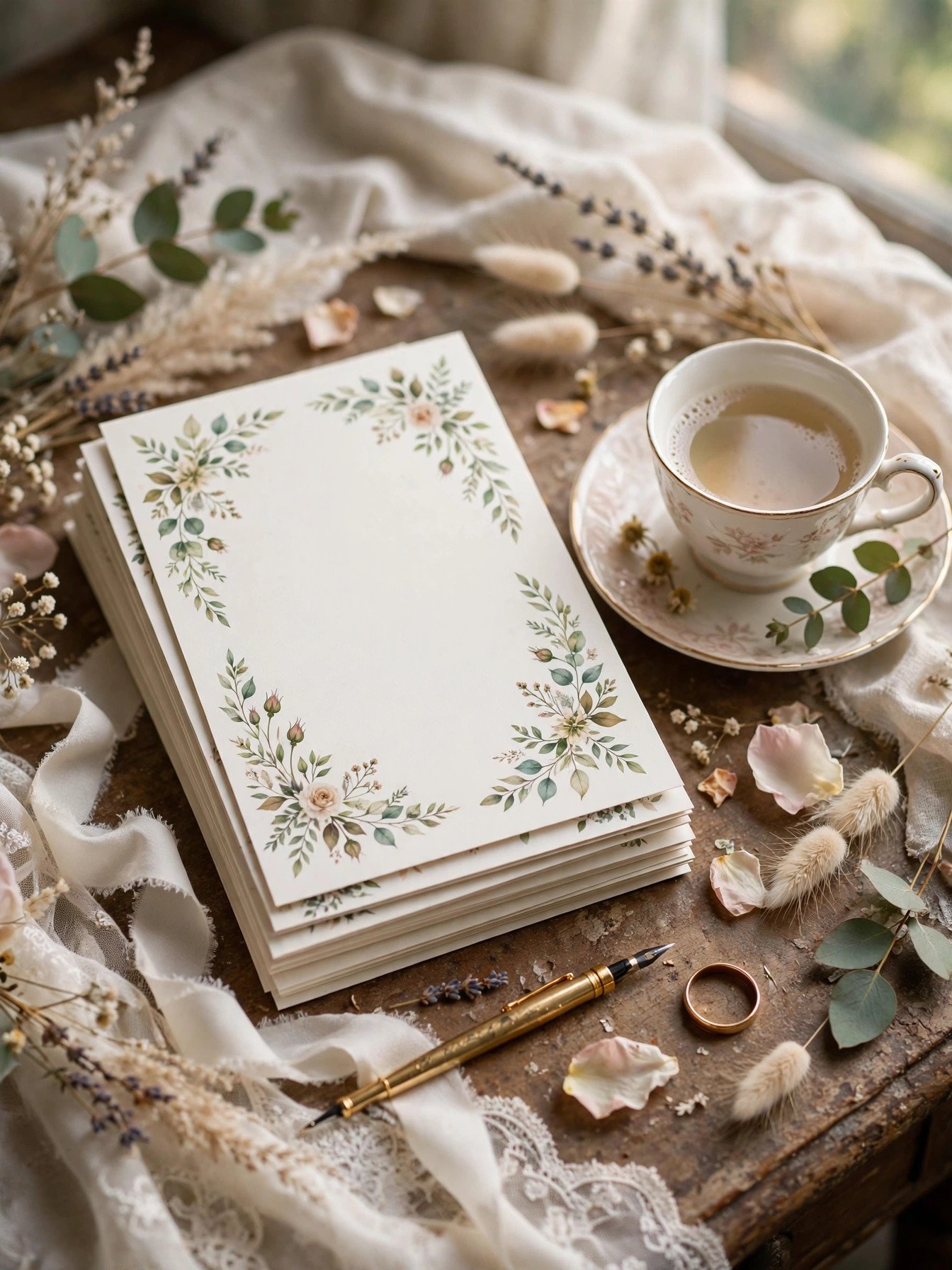 Handwritten recipe cards with botanical borders beside a teacup