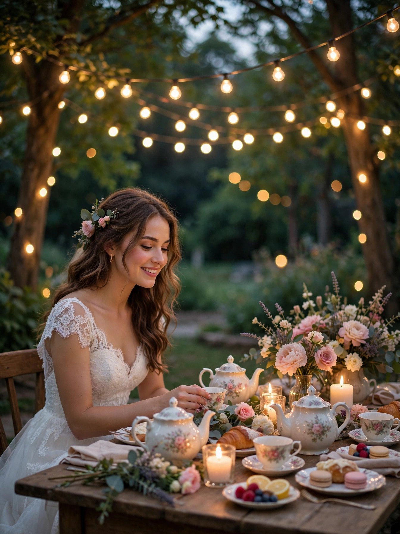 Tea party table at dusk under a canopy of glowing string lights