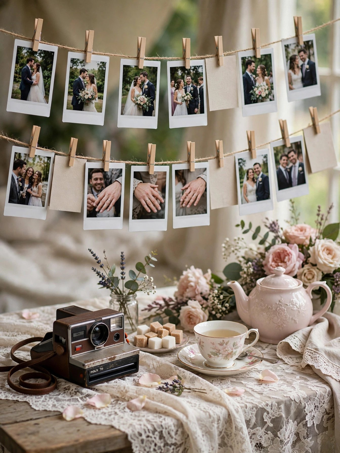 Polaroid guest book station with instant photos on twine at a tea party