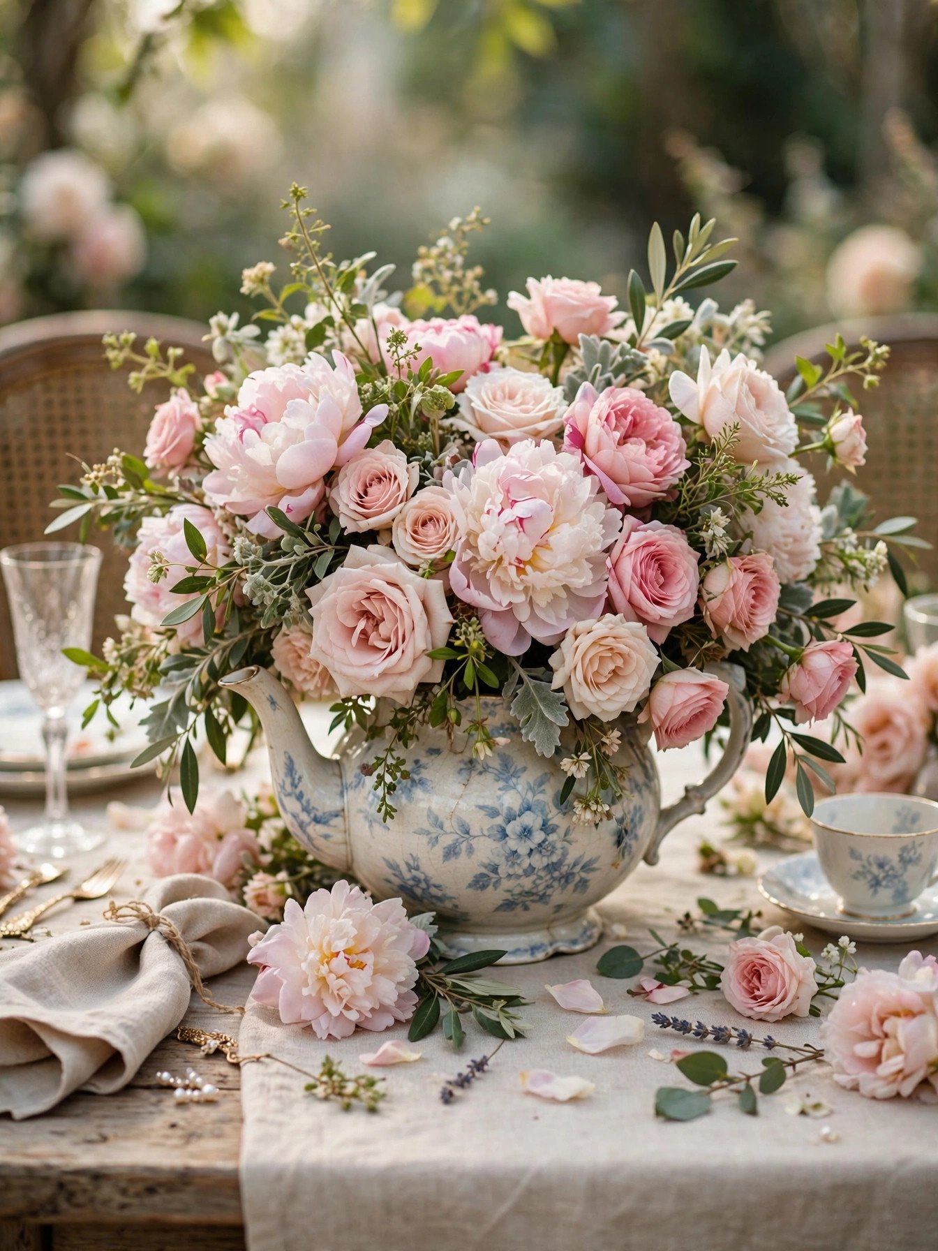 Vintage teapot centerpiece overflowing with blush roses and peonies