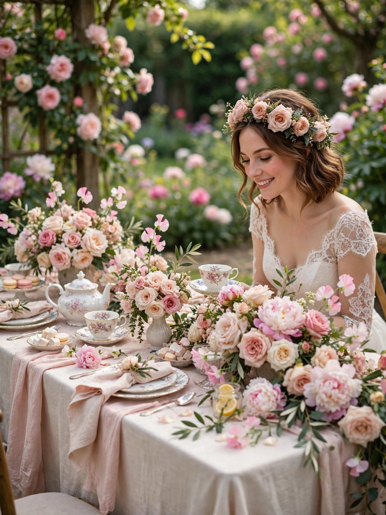 Romantic DIY bridal shower tea party table in a garden with vintage teacups and roses