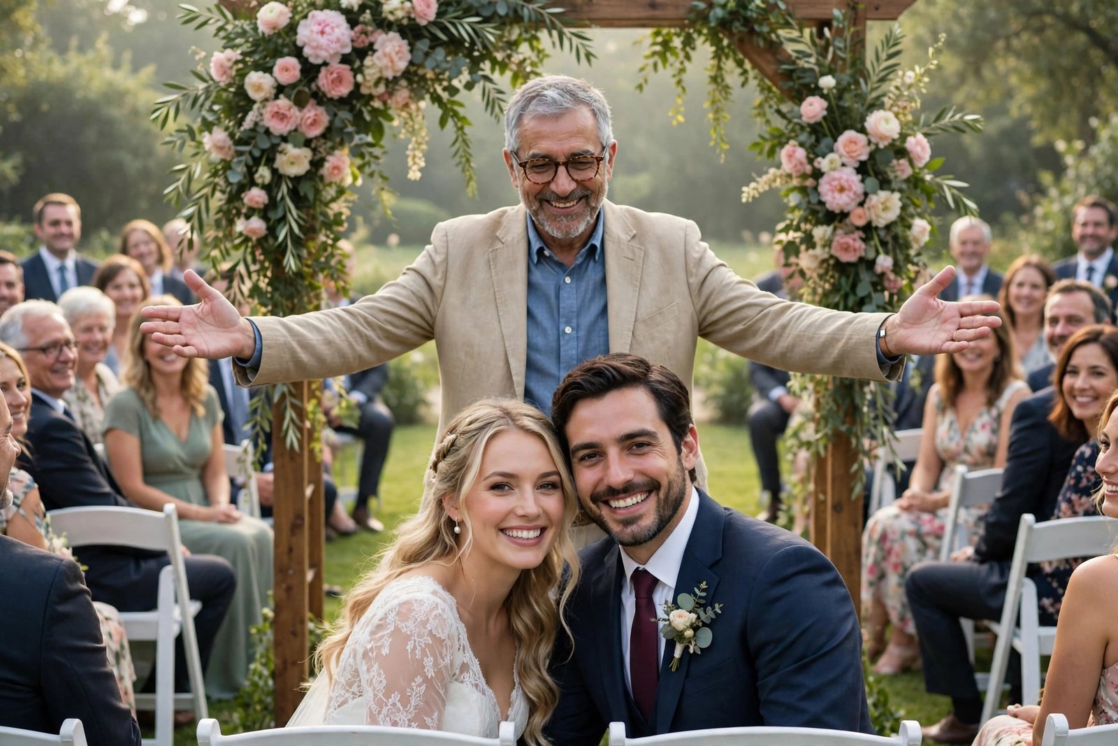 Wedding officiant welcoming guests at the start of the ceremony