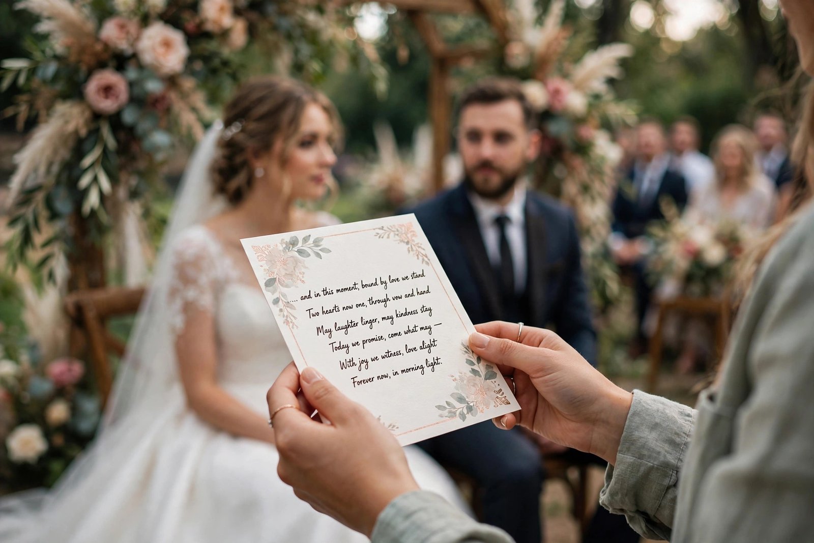 A guest reading a passage from a card during the wedding ceremony