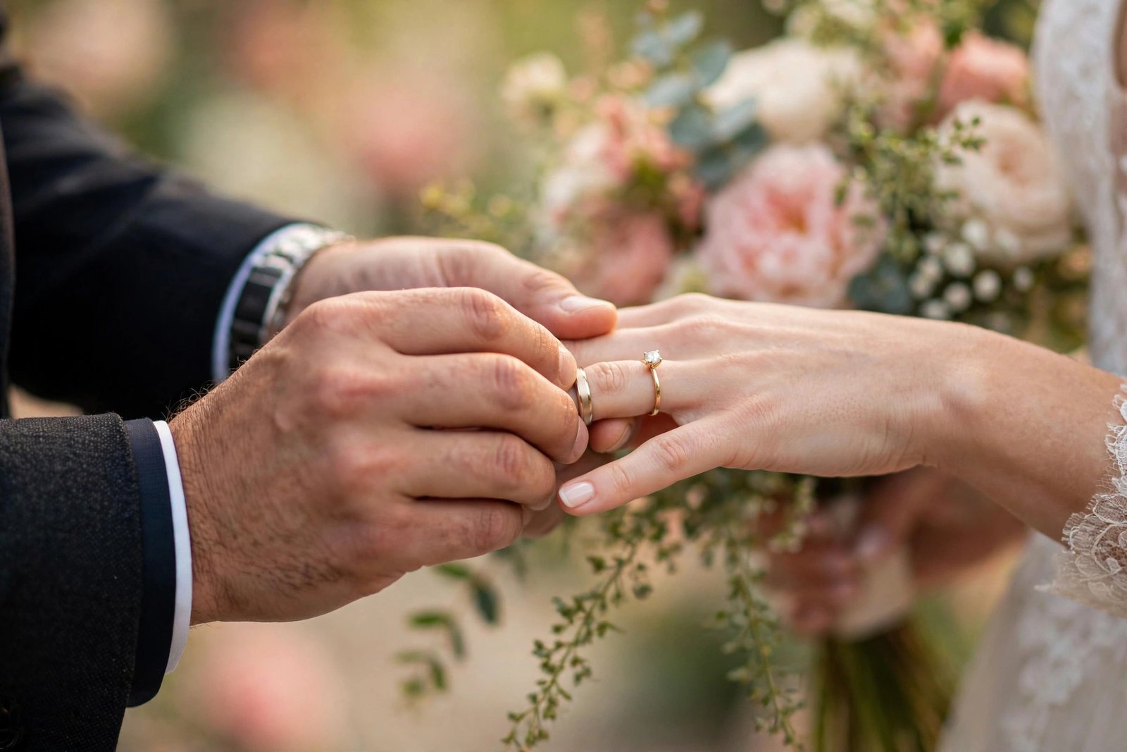 Close-up of the groom sliding a wedding band onto the bride's finger